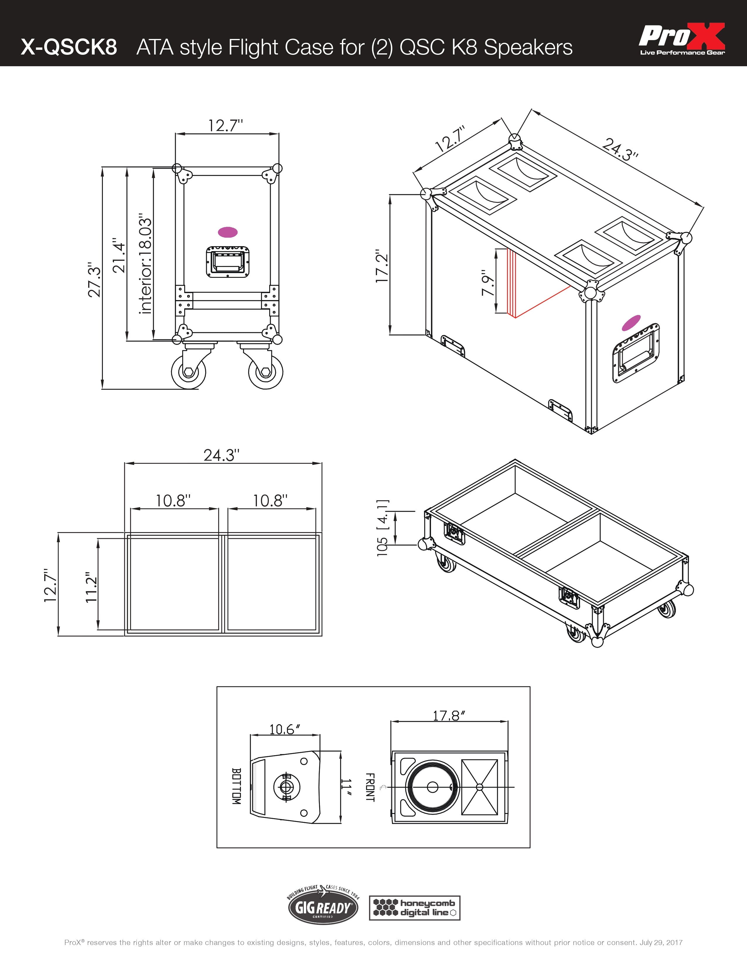 ATA Dual Speaker Flight Case For 2x QSC K8.2 K8 Series Subwoofer Speakers with 4 in. Casters