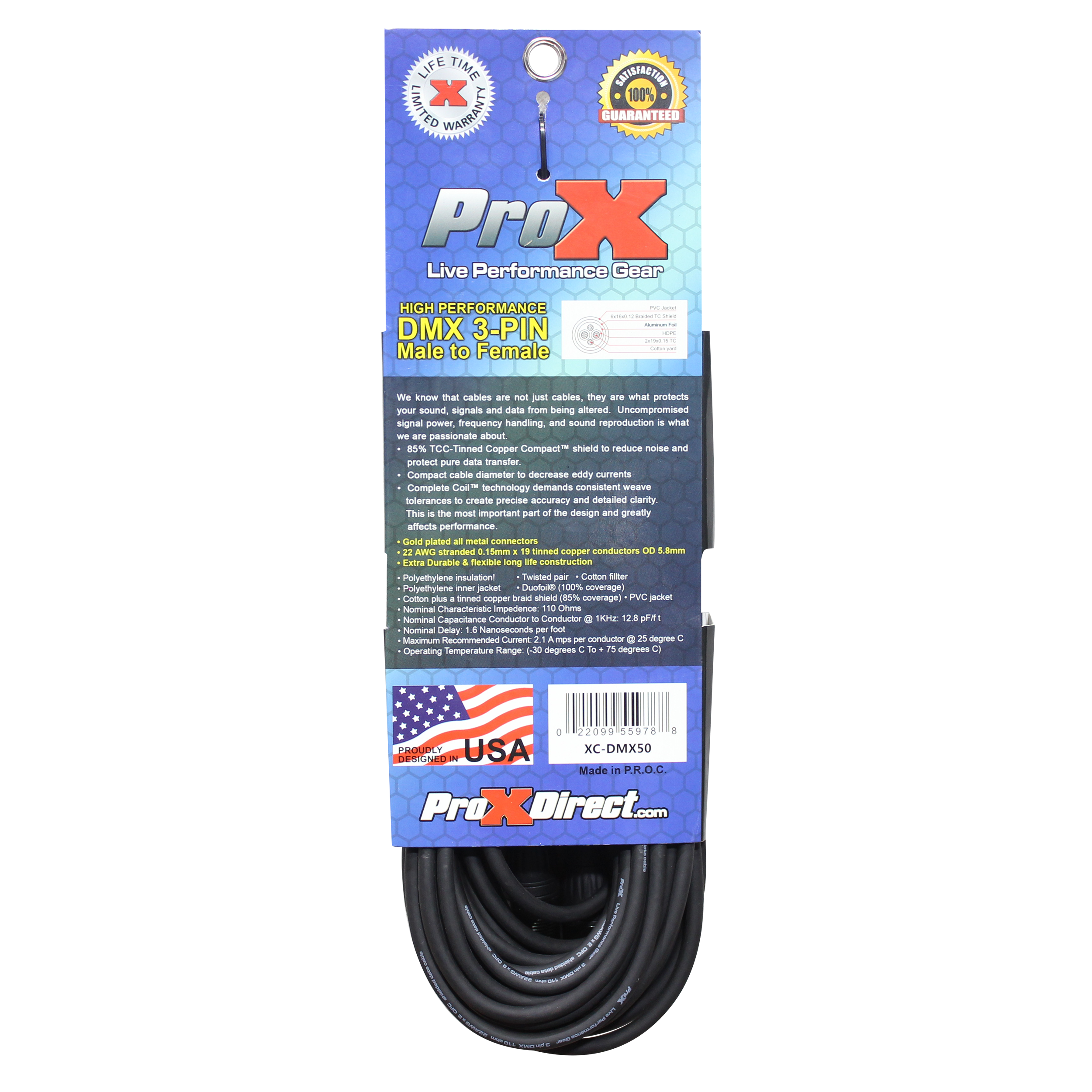 50 Ft. High Performance DMX Male 3-Pin to DMX Female 3-Pin Cable