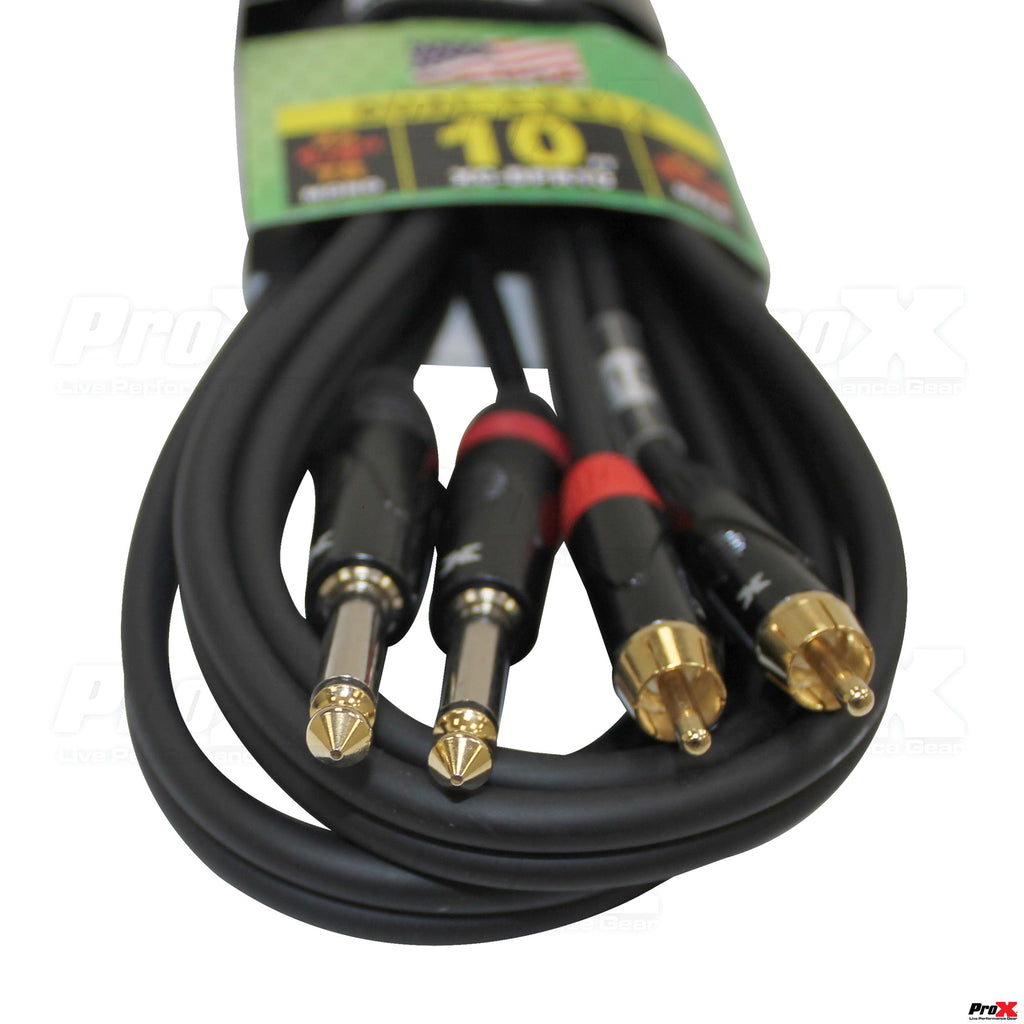10PCS 10' Ft. High Performance 1/4” Male TS to Dual RCA Male Unbalanced Audio Cable