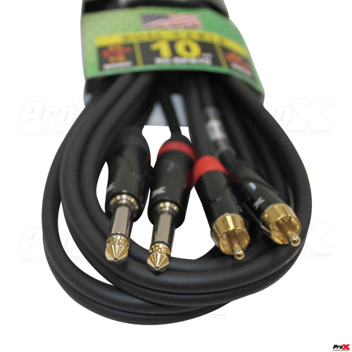 10' Ft. High Performance 1/4” Male TS to Dual RCA Male Unbalanced Audio Cable