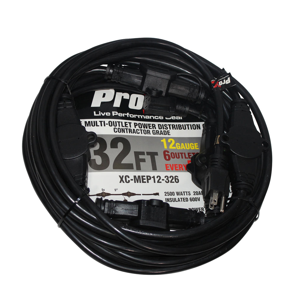 32' Ft. Male NEMA 120VAC to 6-Outet Female Edison 12/3AWG Power Extension Cable