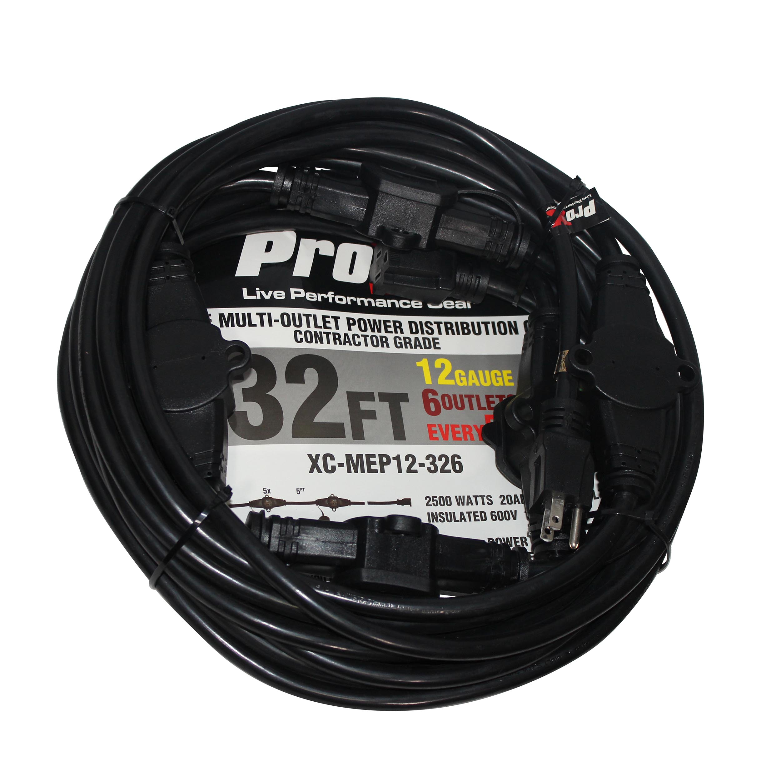 32' Ft. Male NEMA 120VAC to 6-Outet Female Edison 12/3AWG Power Extension Cable