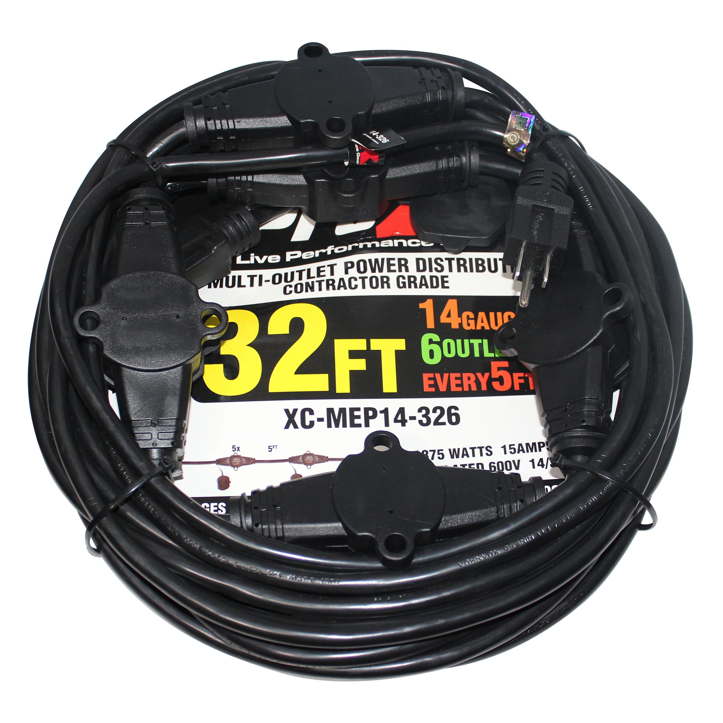 5PCS 32' Ft. Male NEMA 110VAC to 6-Outet Female Edison 14/3AWG Power Extension Cable