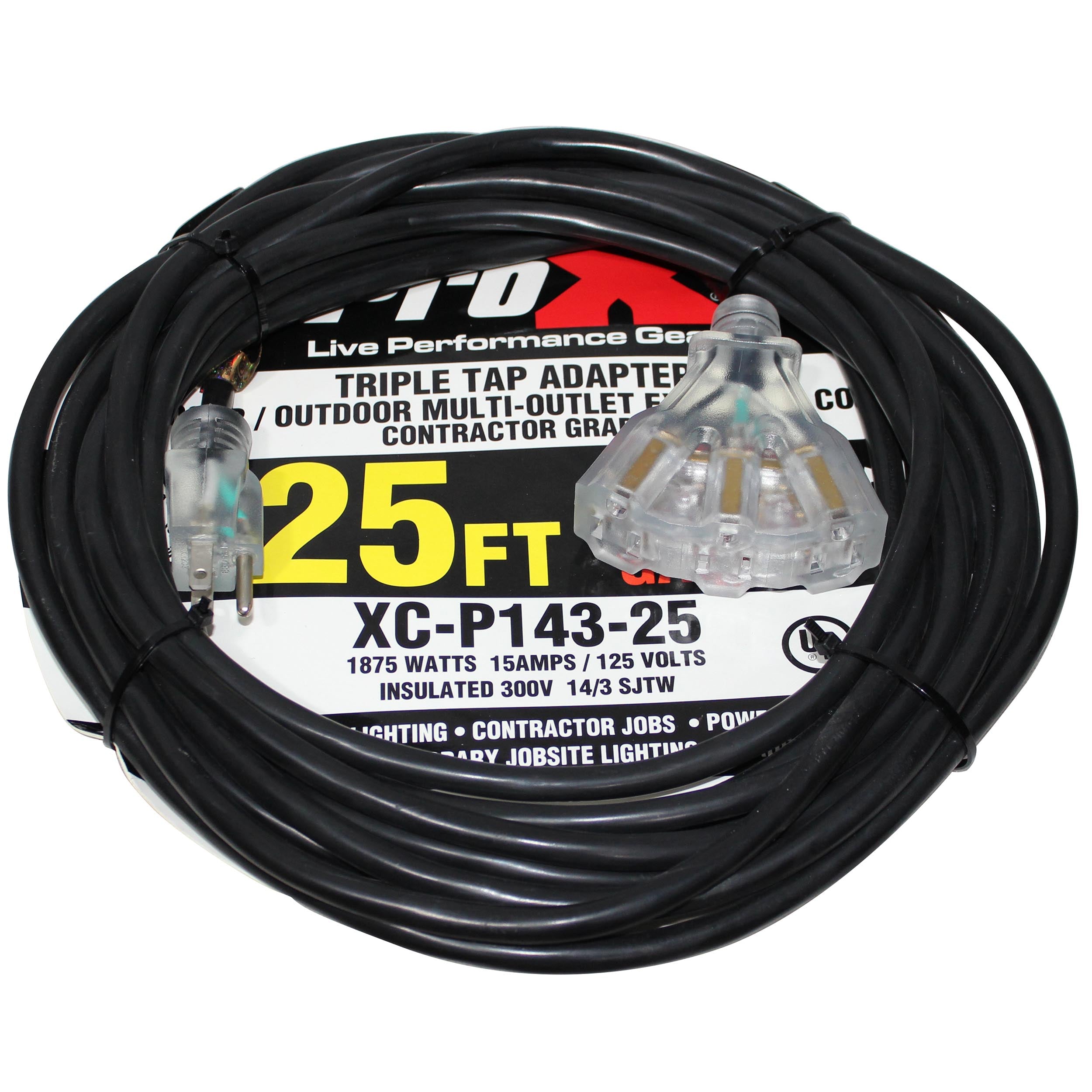 25' Ft. 120VAC NEMA 15 Male to 3 Outlet Female Power-Extension Cord 14 AWG