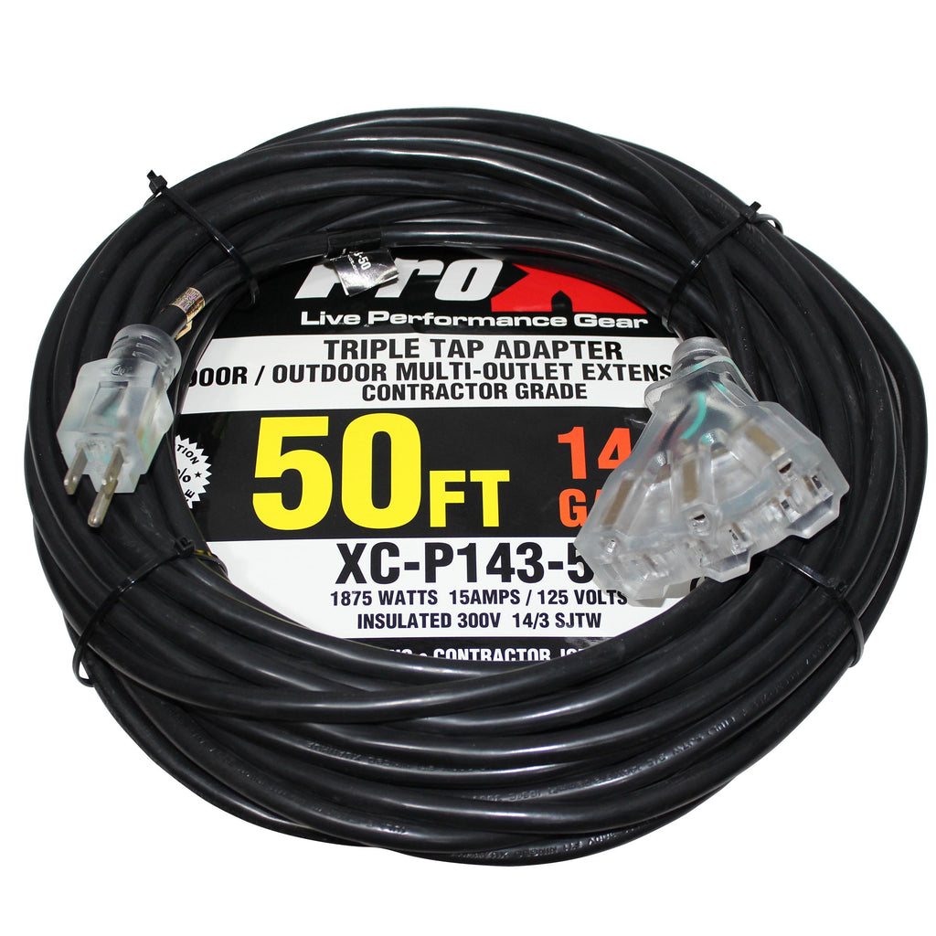 50' Ft. 120VAC NEMA 15 Male to 3 Outlet Female Power-Extension Cord 14 AWG