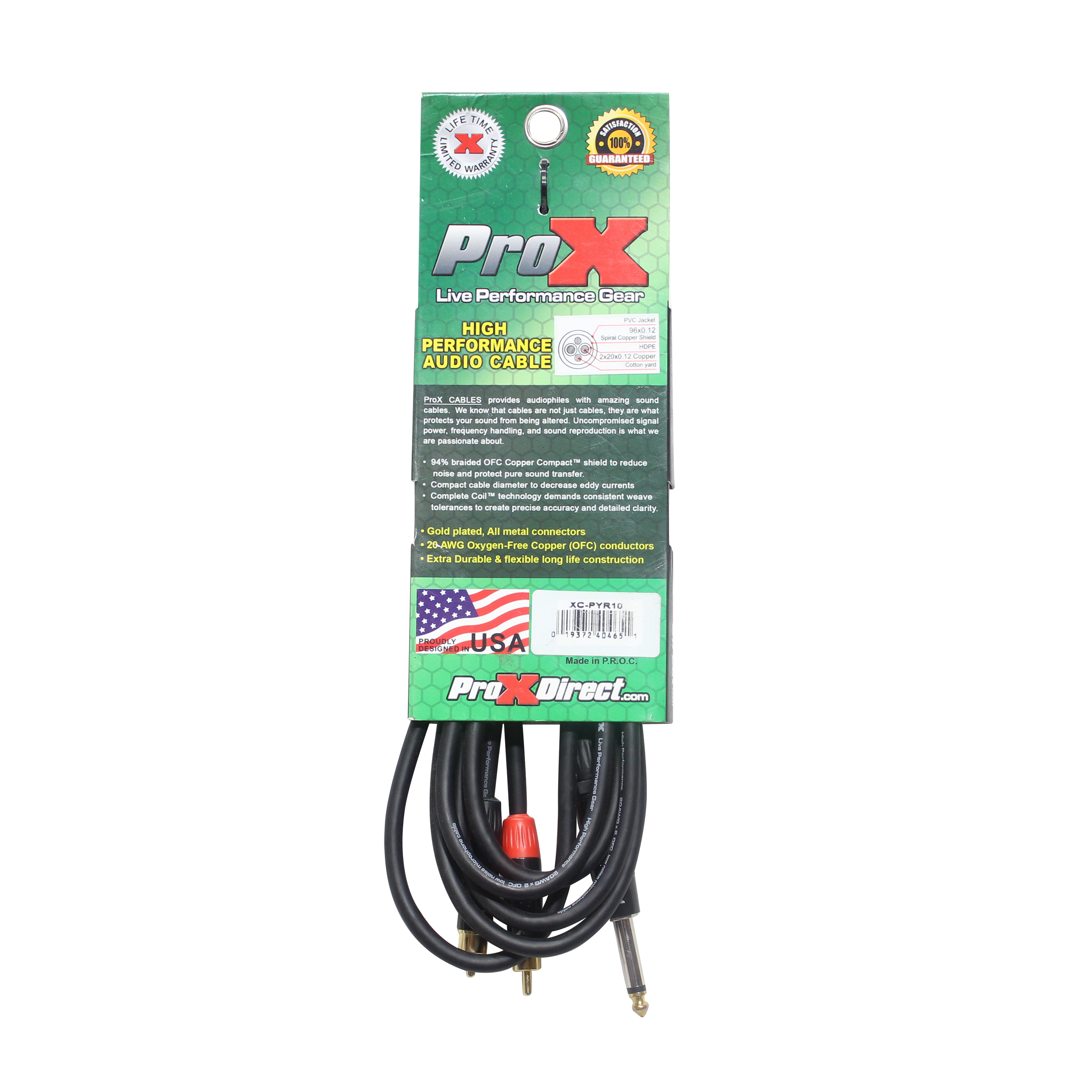 10 Ft. Unbalanced 1/4" TS-M to Dual RCA-M High Performance Audio Y Cable
