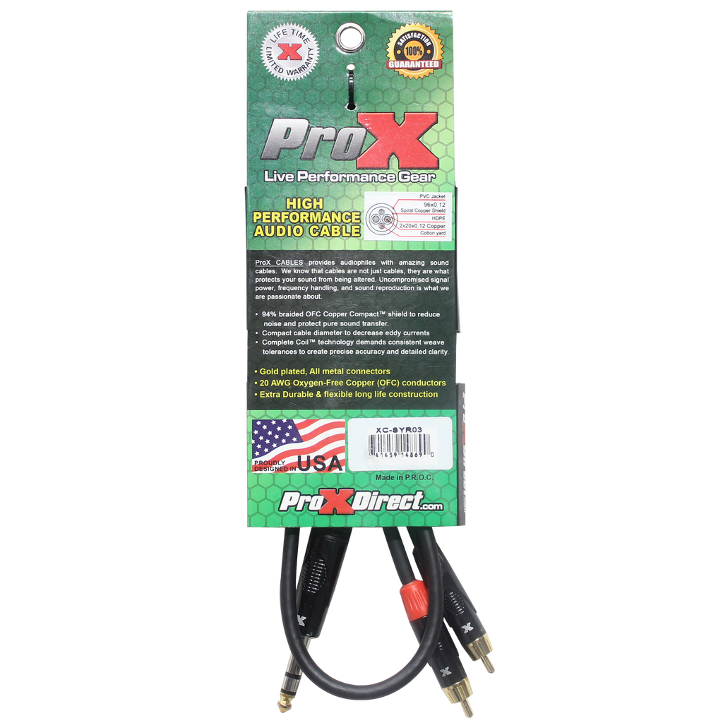 3 Ft. Unbalanced 1/4" TRS-M to Dual RCA-M High Performance Audio Cable