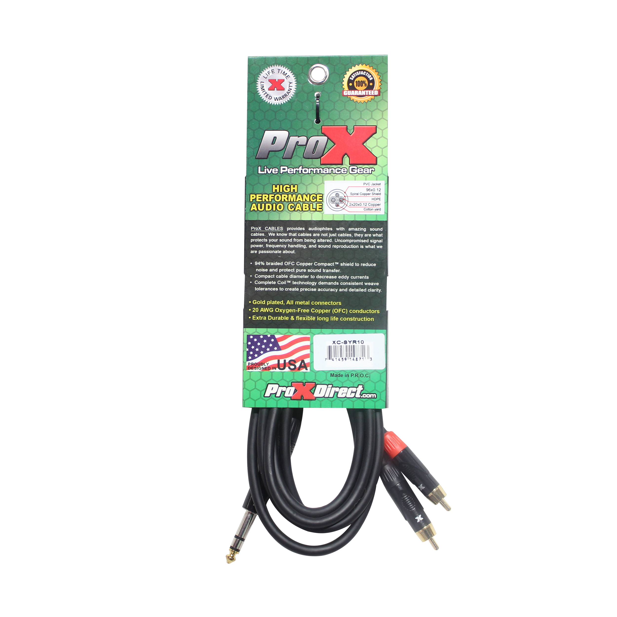 50PCS 10 Ft. Unbalanced 1/4" TRS-M to Dual RCA-M High Performance Audio Cable