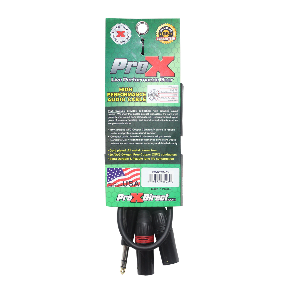 3 Ft. 1/4" TRS-M Stereo to Dual XLR3-M High Performance Y Cable