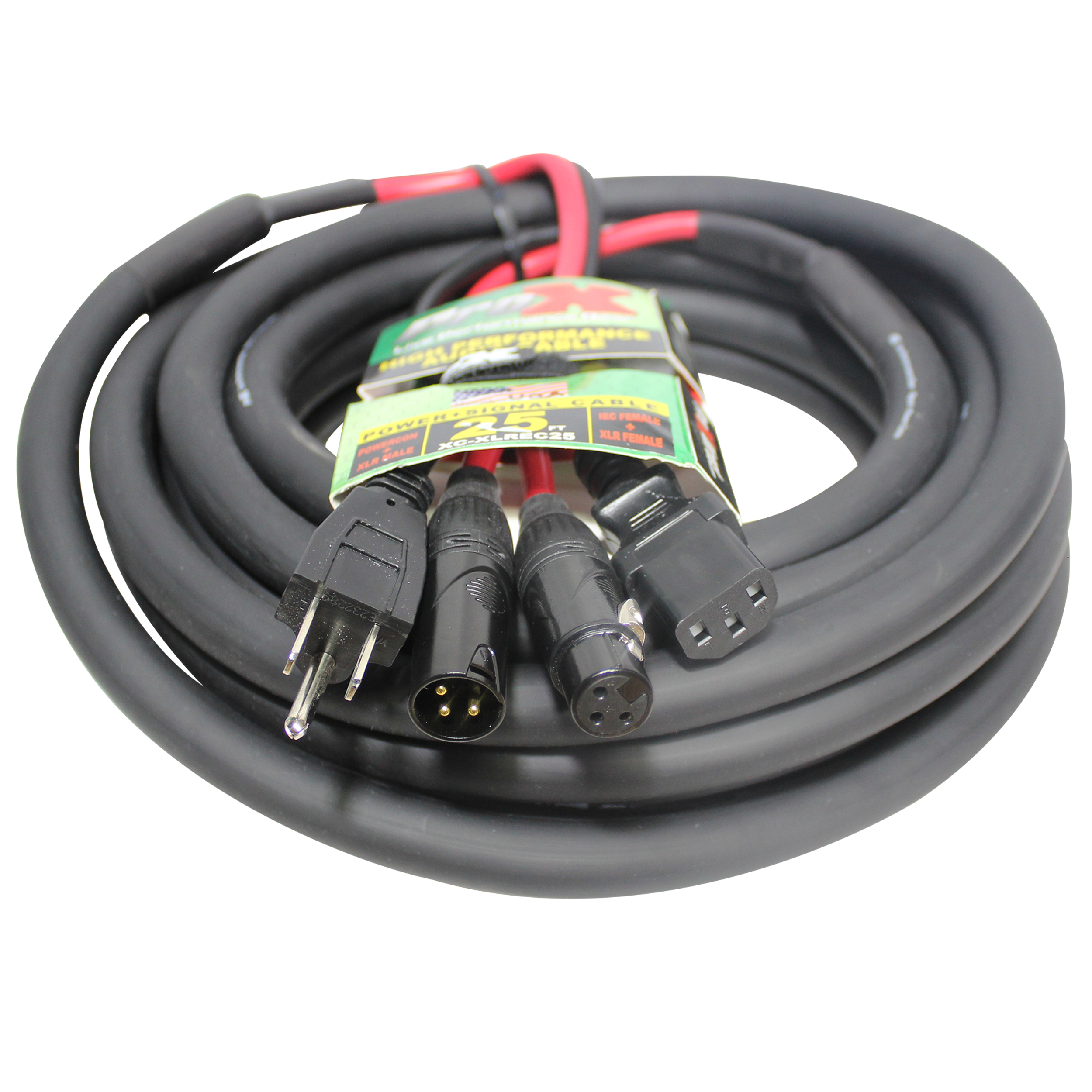 25 Ft. XLR Audio + Edison to IEC Power Cable for PA DJ Speakers