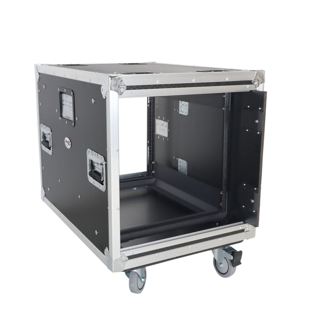 10U 24" Deep Vertical Rack to Rack  Shock Mount Case with 2 Sliding Slam Doors & 4" Caster Wheels