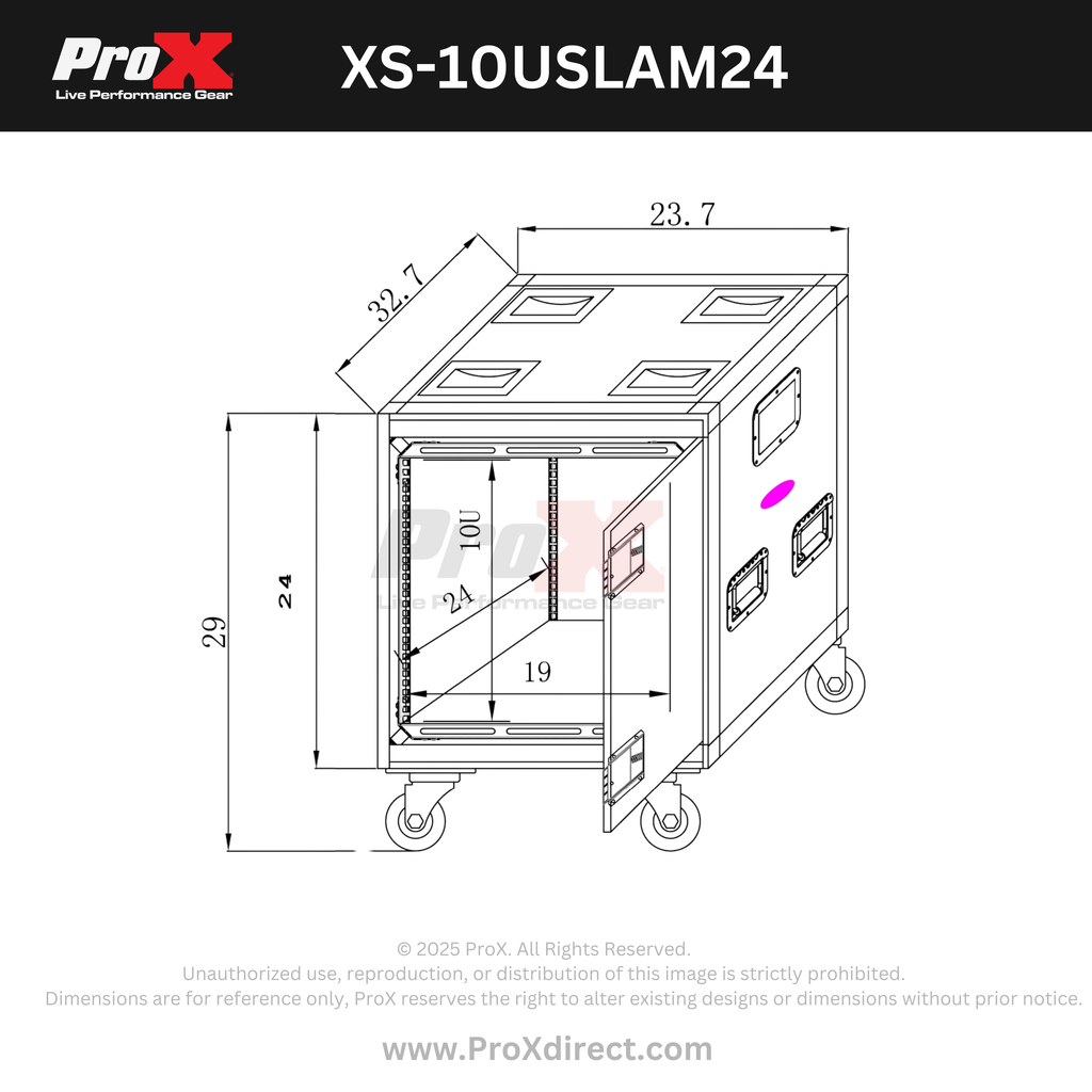 10U 24" Deep Vertical Rack to Rack  Shock Mount Case with 2 Sliding Slam Doors & 4" Caster Wheels