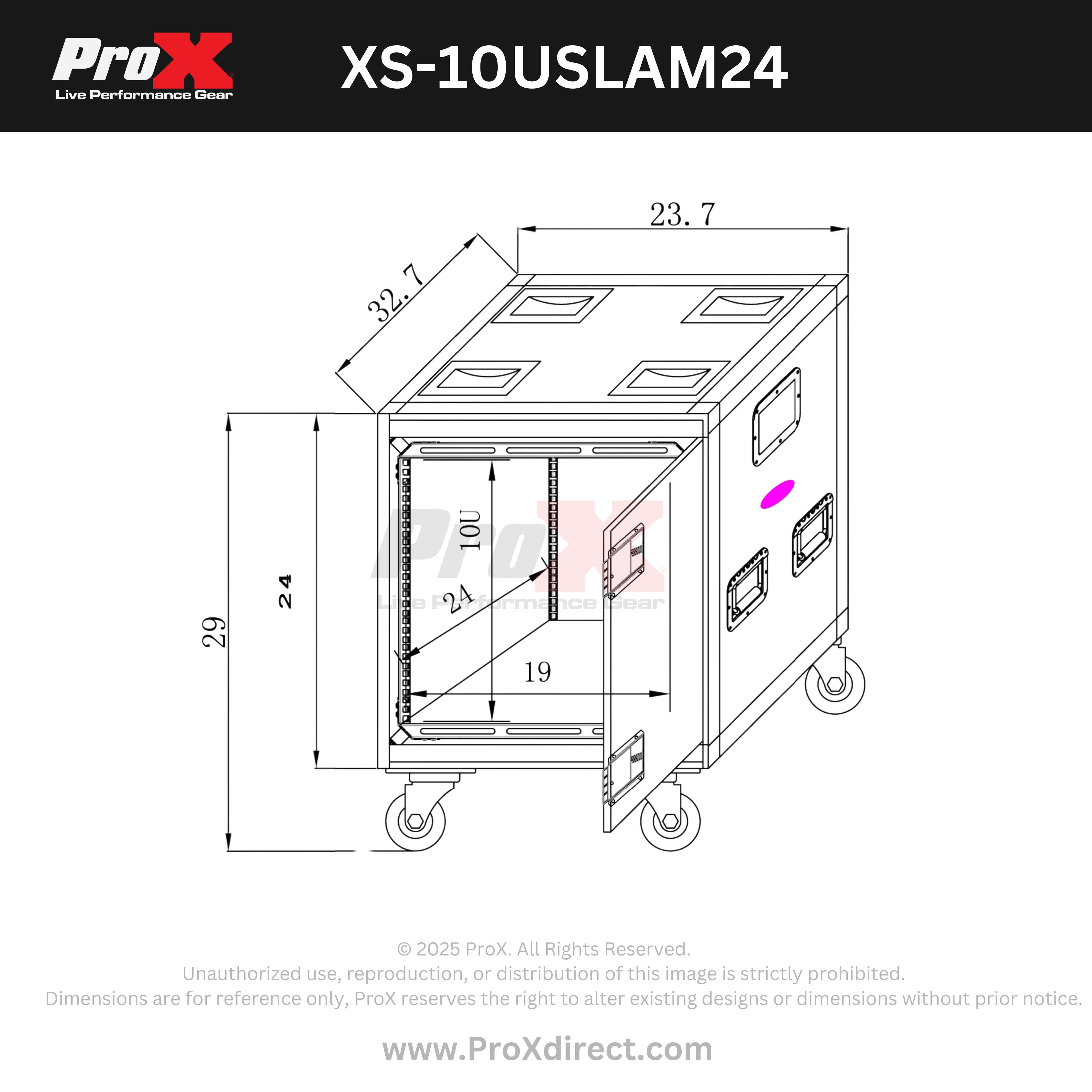 10U 24" Deep Vertical Rack to Rack  Shock Mount Case with 2 Sliding Slam Doors & 4" Caster Wheels
