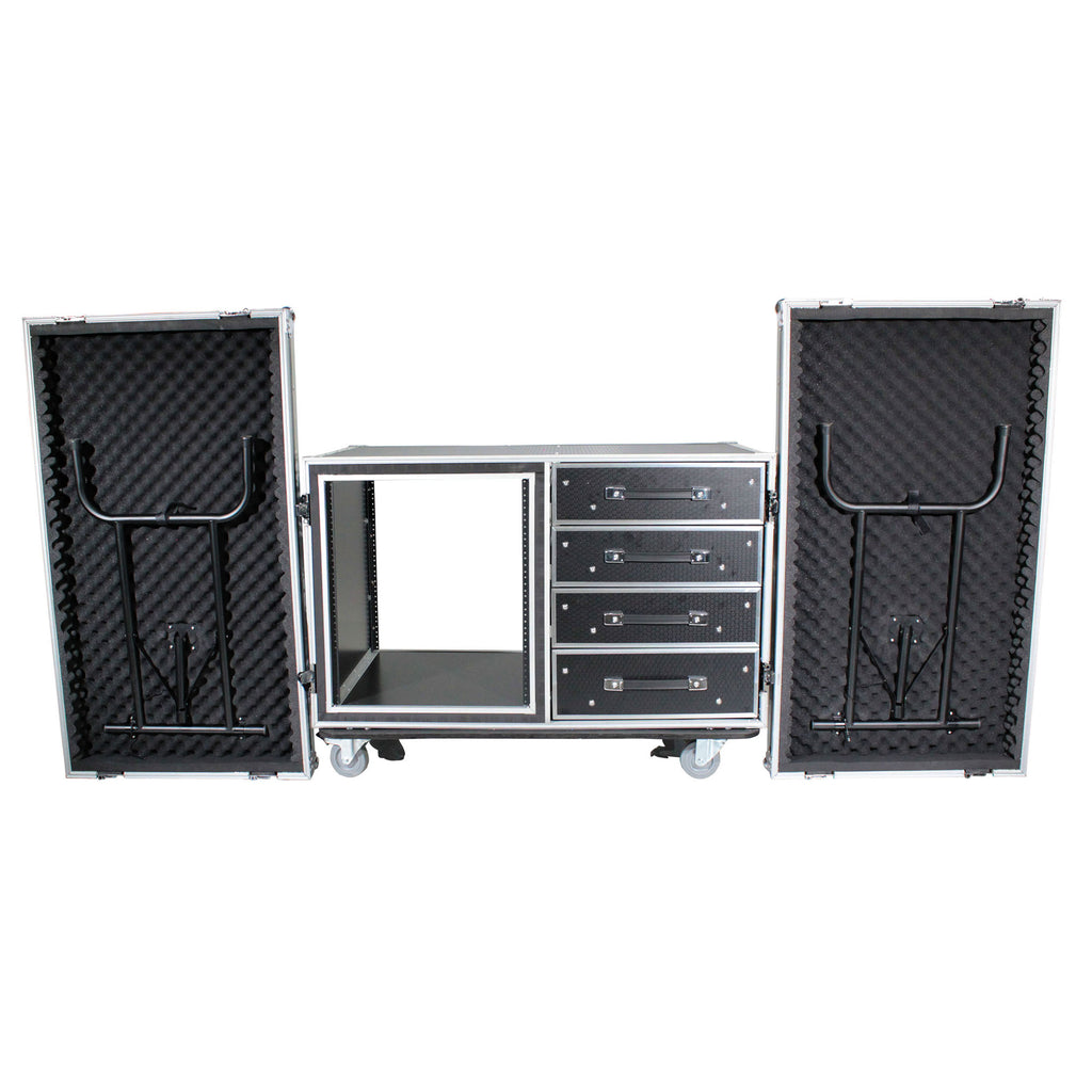12U Shockproof Workstation Case W-Dual Side Table and Drawers | 24 In Rail to Rail