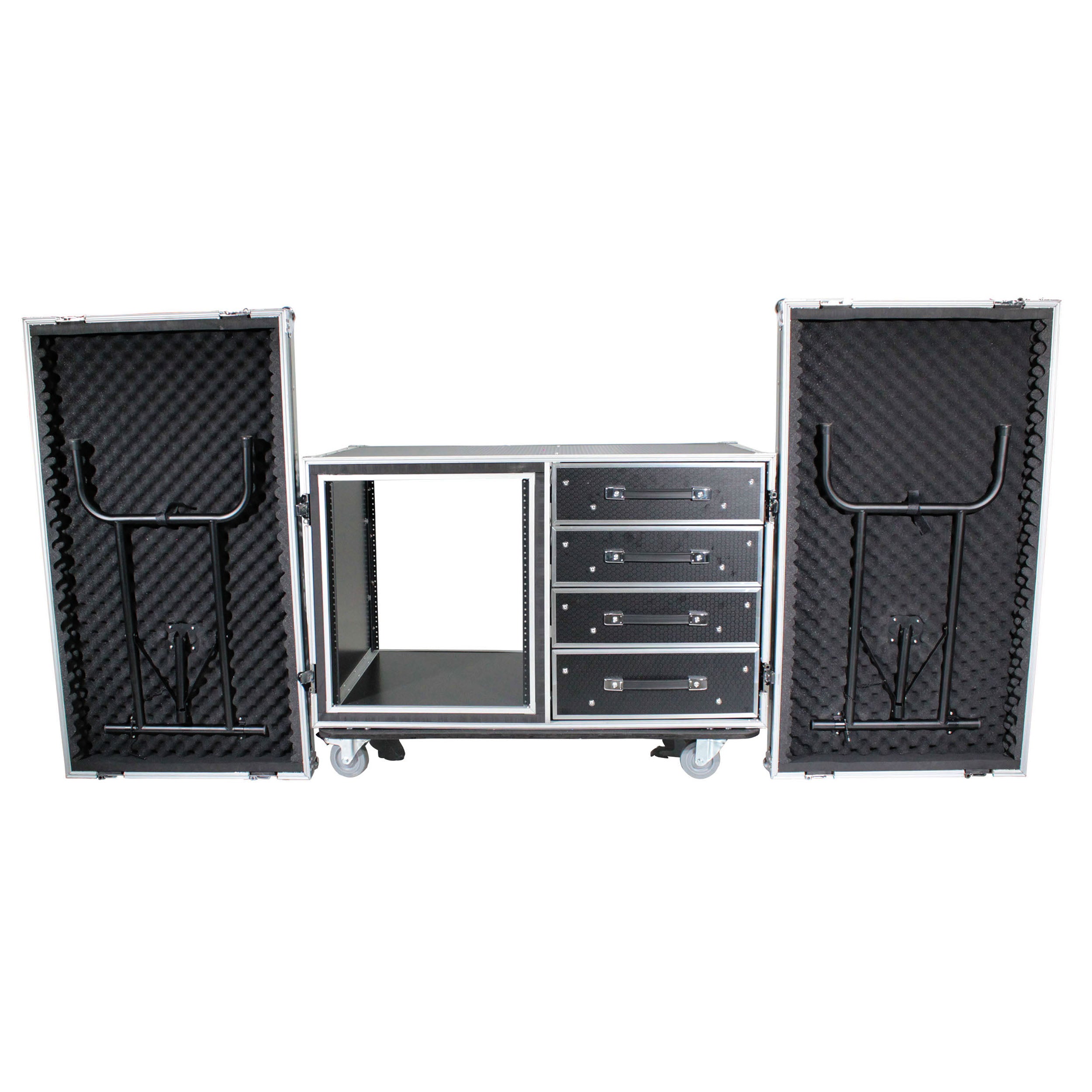 12U Shockproof Workstation Case W-Dual Side Table and Drawers | 24 In Rail to Rail
