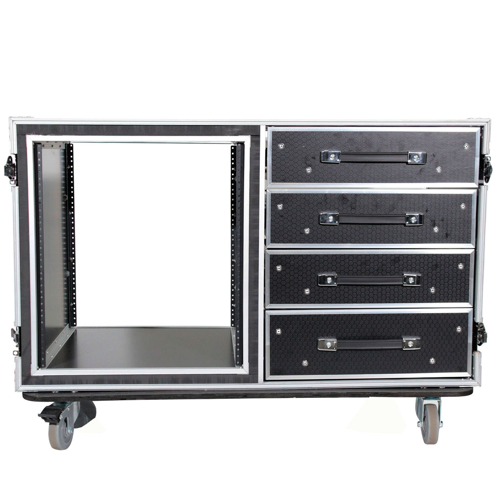 12U Shockproof Workstation Case W-Dual Side Table and Drawers | 24 In Rail to Rail
