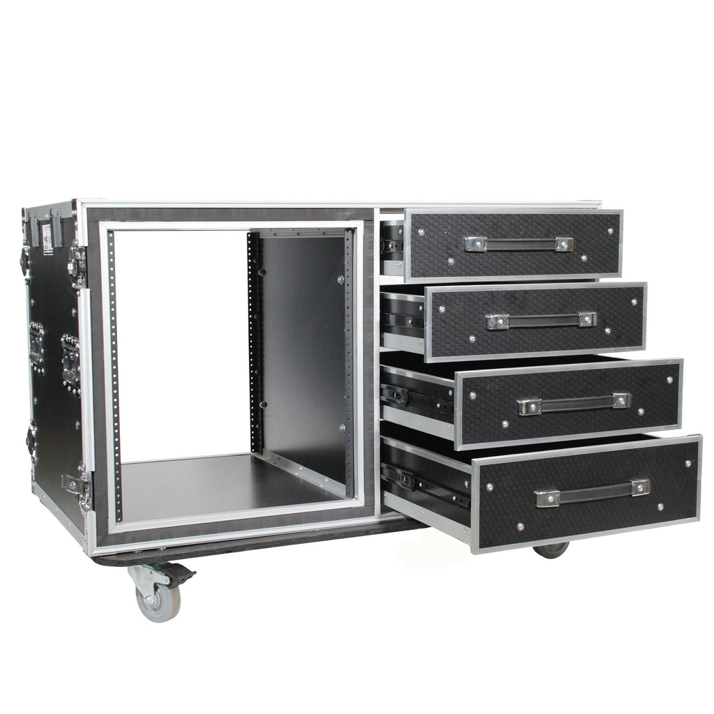 12U Shockproof Workstation Case W-Dual Side Table and Drawers | 24 In Rail to Rail