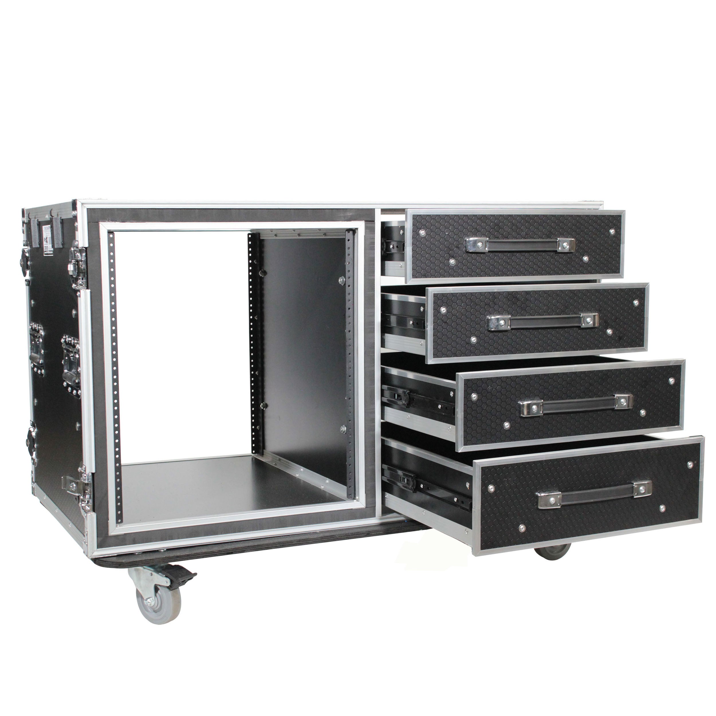 12U Shockproof Workstation Case W-Dual Side Table and Drawers | 24 In Rail to Rail