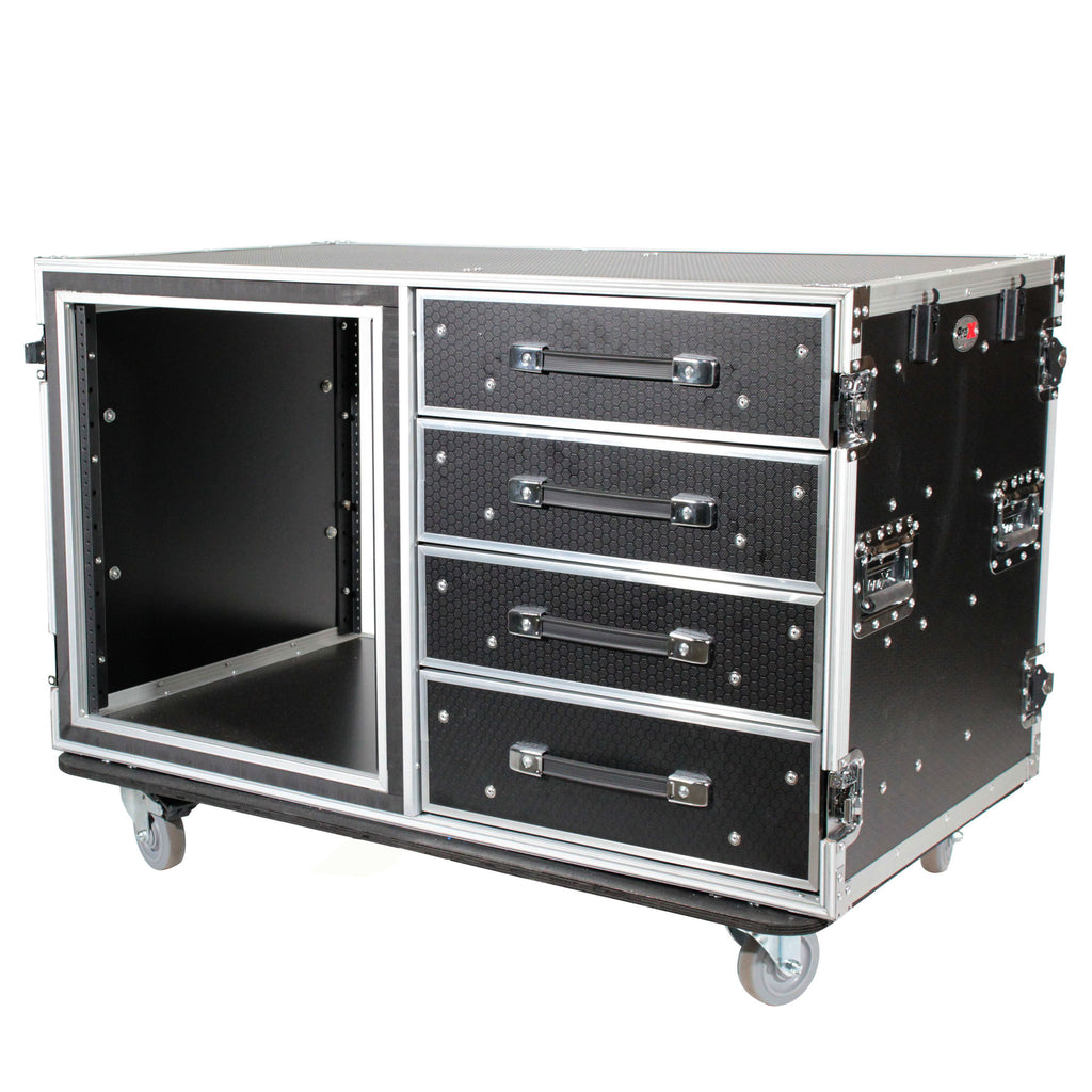 12U Shockproof Workstation Case W-Dual Side Table and Drawers | 24 In Rail to Rail