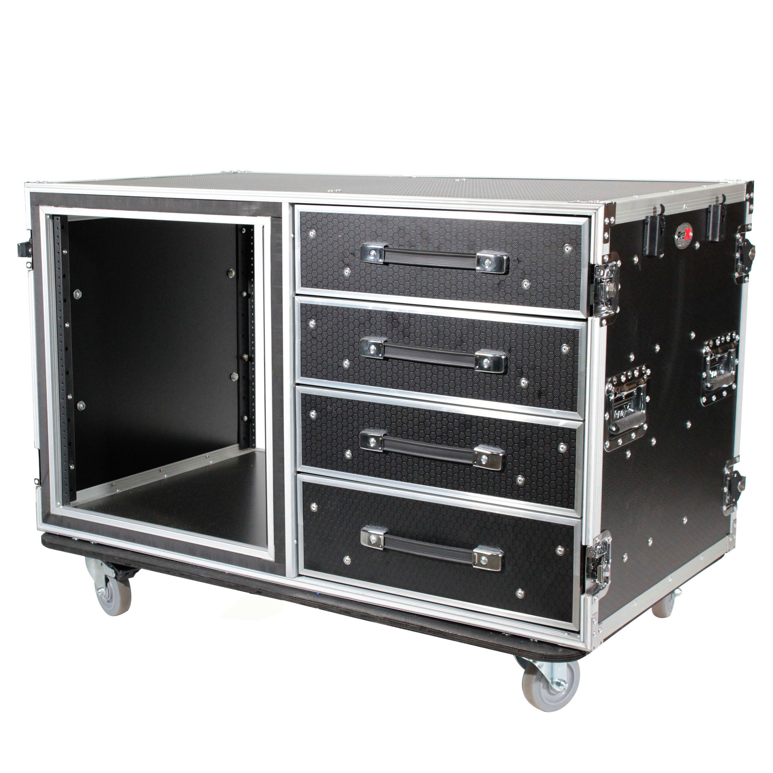 12U Shockproof Workstation Case W-Dual Side Table and Drawers | 24 In Rail to Rail