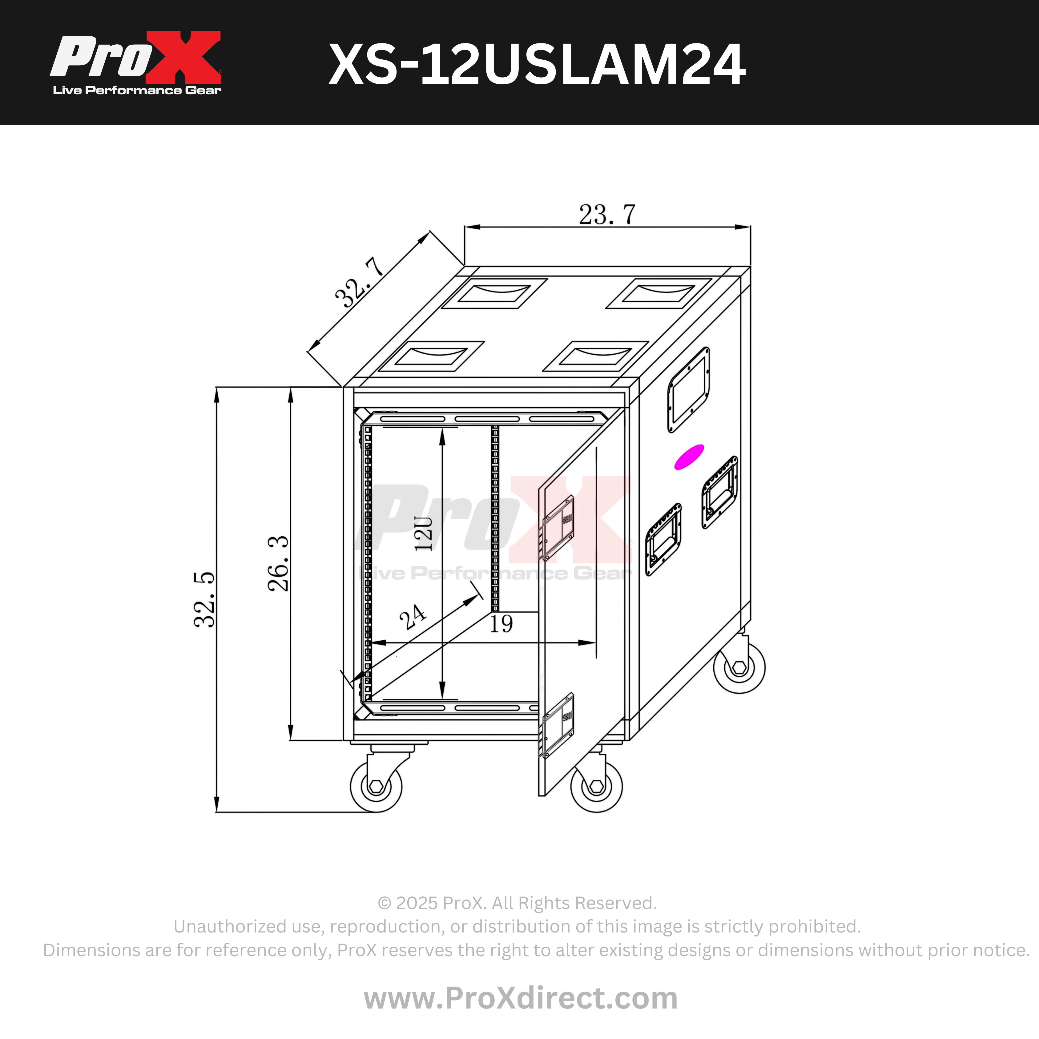 12U 24" Deep Vertical Rack to Rack Shock Mount Case with 2 Sliding Slam Doors & 4" Caster Wheels