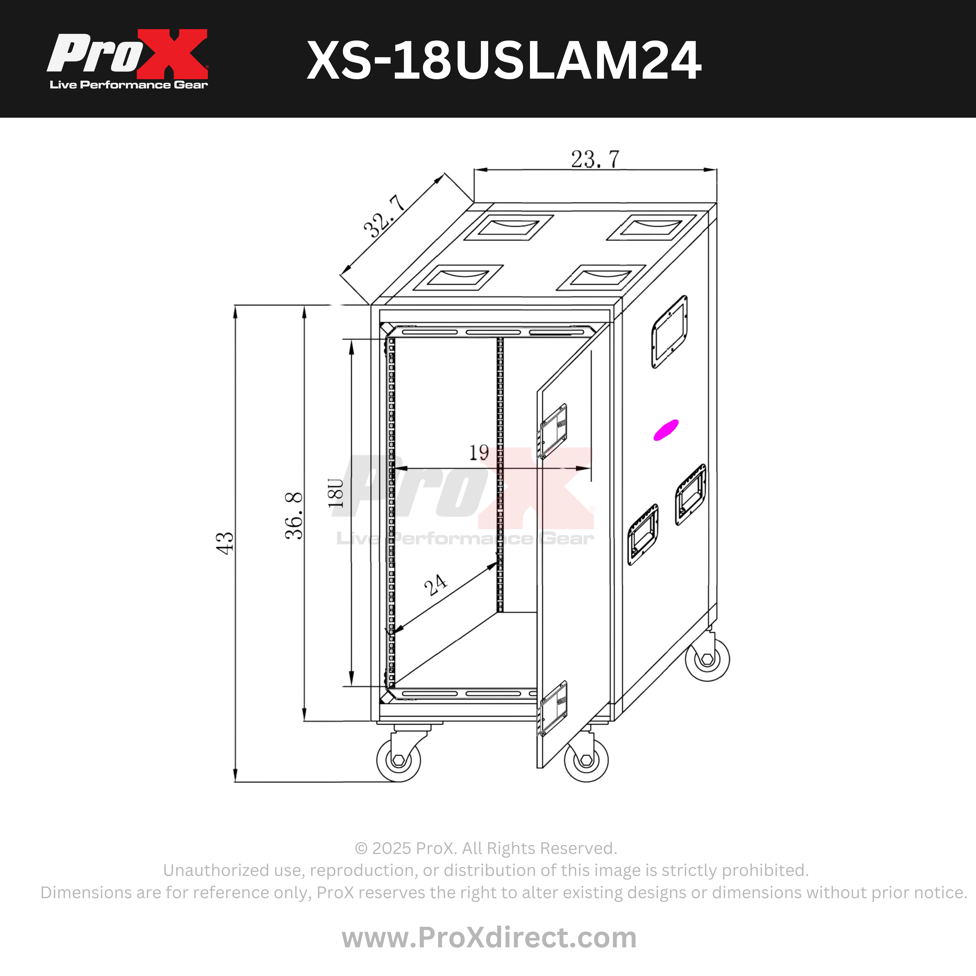 18U 24" Deep Vertical Rack to Rack  Shock Mount Case with 2 Sliding Slam Doors & 4" Caster Wheels