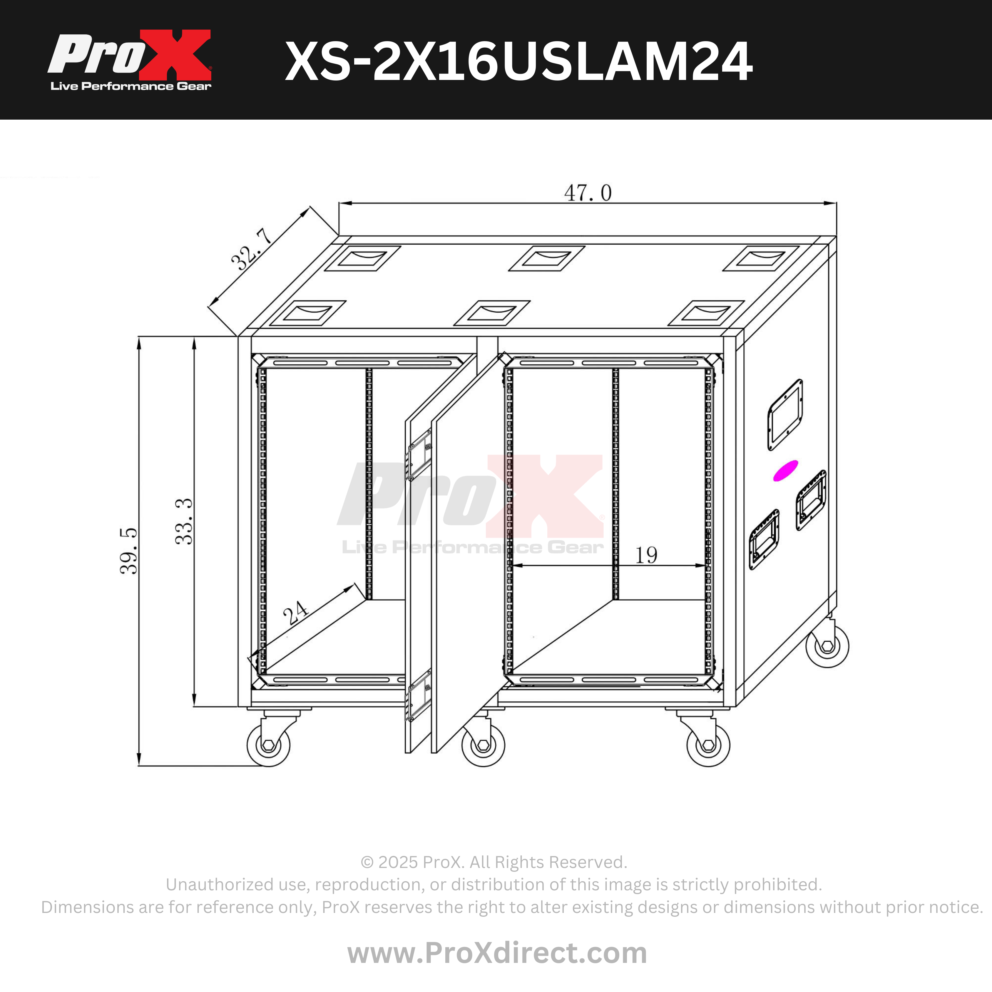 2X16U 24" Deep Vertical Rack to Rack Shock Mount Case with 2 Sliding Slam Doors & 6x4" Caster Wheels