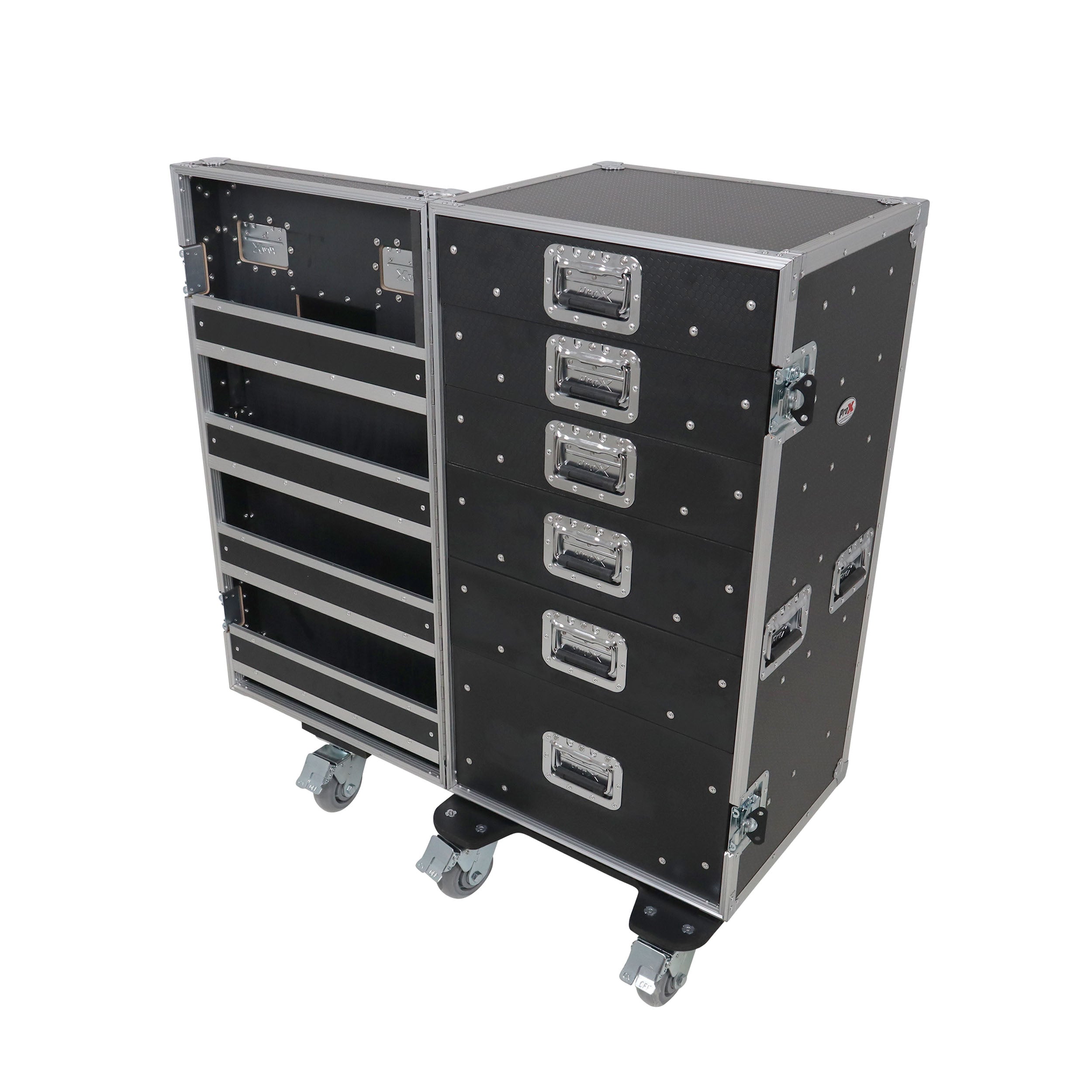 Pro 6 Utility Drawer Workbox ATA Flight Style Case with Hinged Storage Door and Five 5 inch Casters