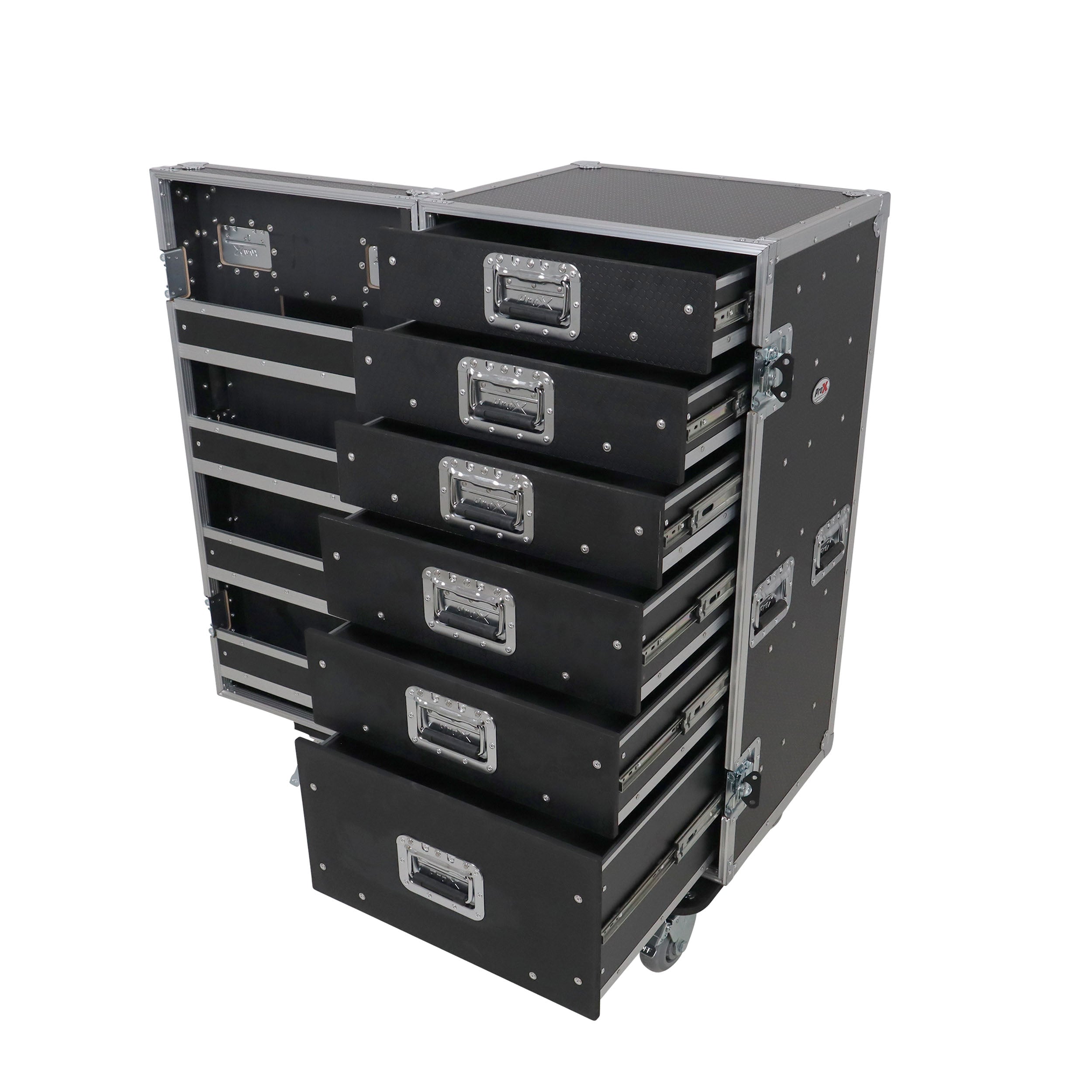 Pro 6 Utility Drawer Workbox ATA Flight Style Case with Hinged Storage Door and Five 5 inch Casters