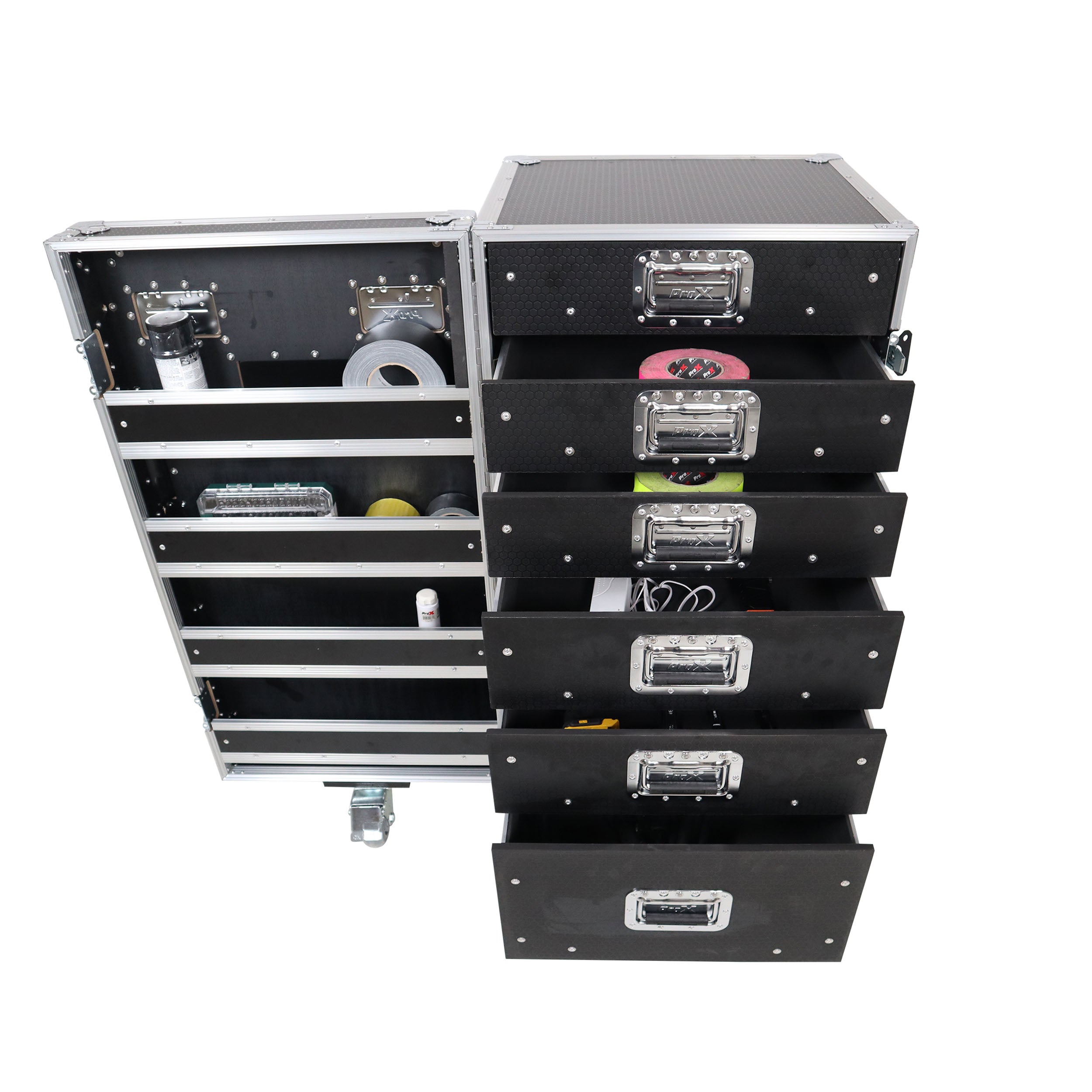 Pro 6 Utility Drawer Workbox ATA Flight Style Case with Hinged Storage Door and Five 5 inch Casters