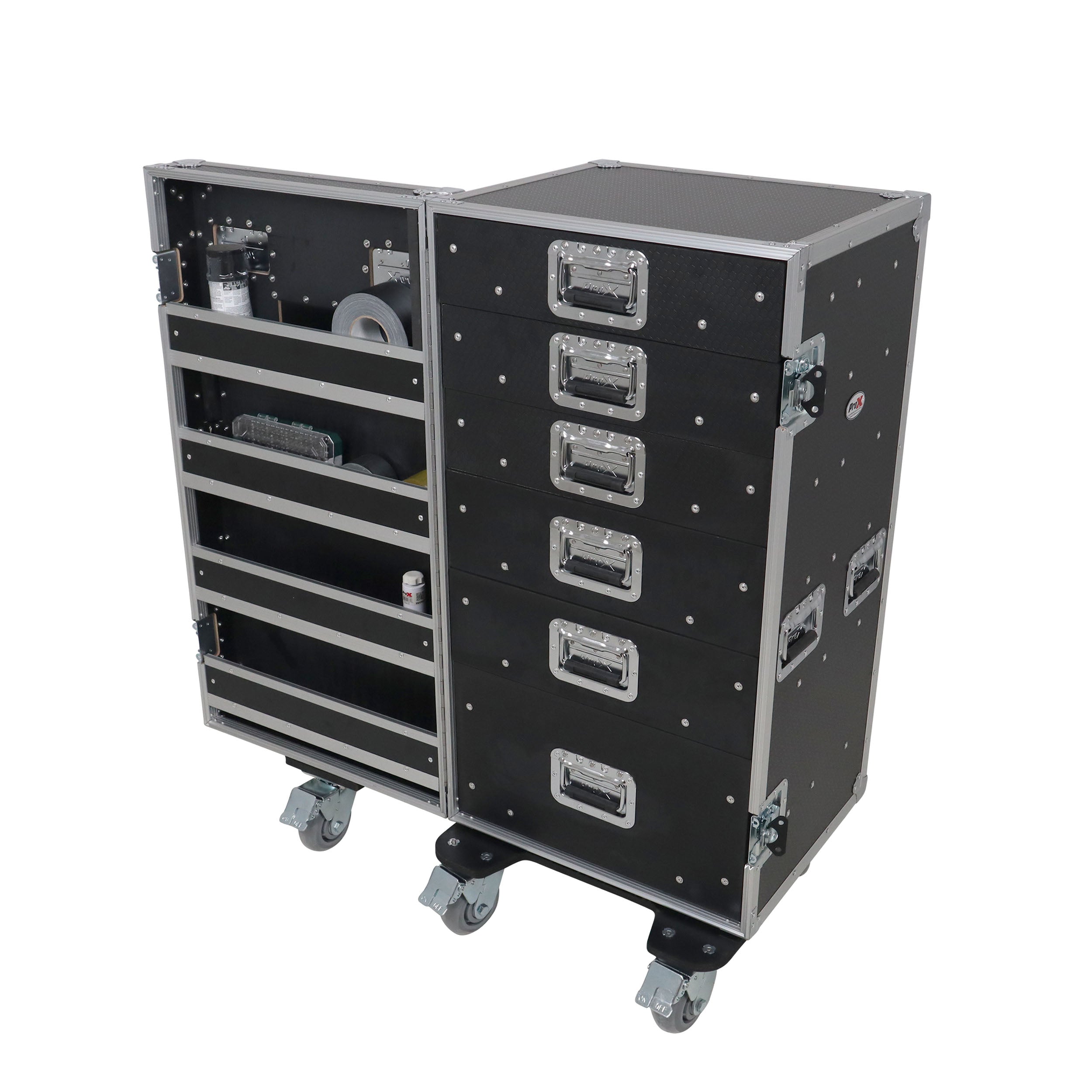 Pro 6 Utility Drawer Workbox ATA Flight Style Case with Hinged Storage Door and Five 5 inch Casters