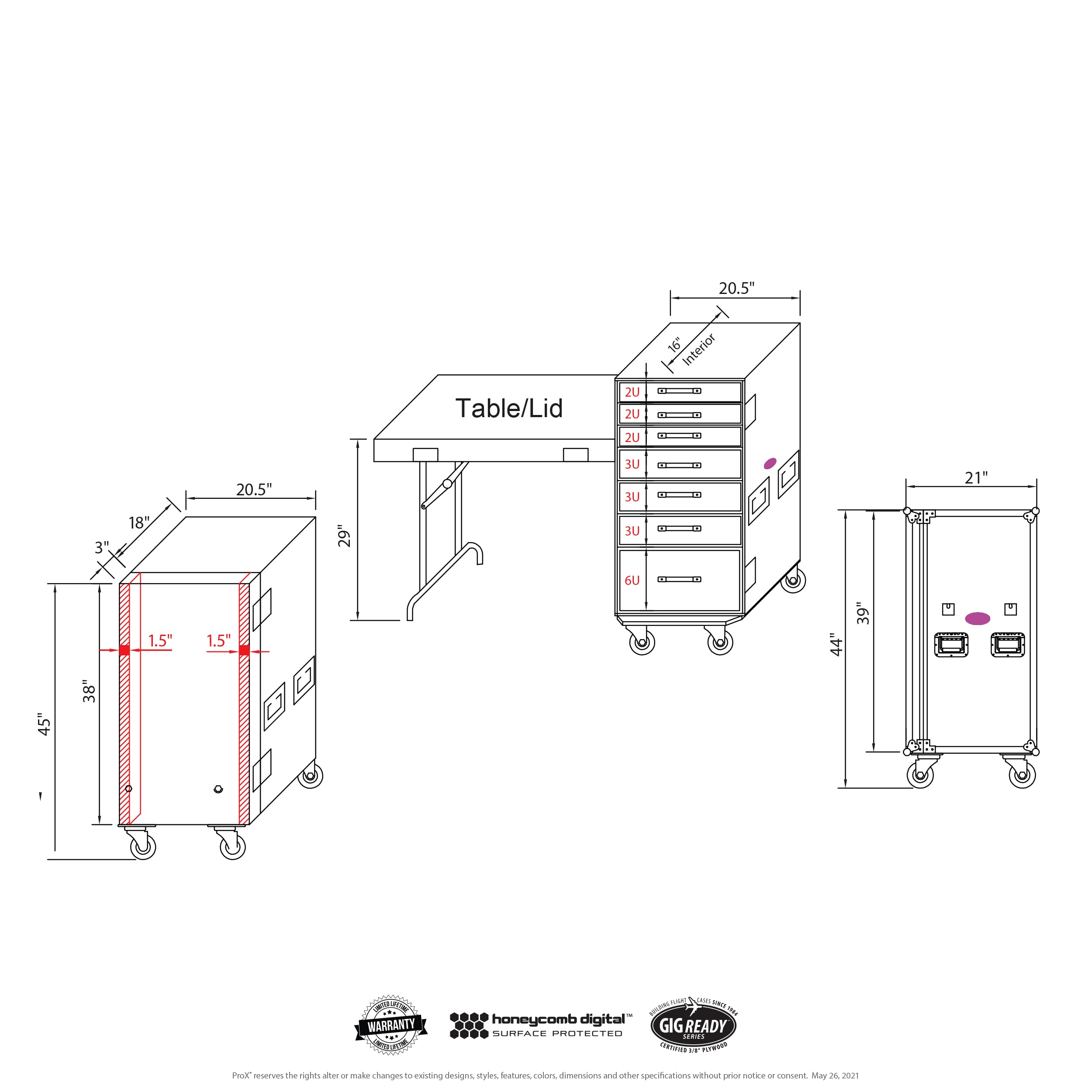 7 Utility Drawer ATA Flight Style Case with Fold out Left Right Side Mounting Removable Table and 4 inch Casters