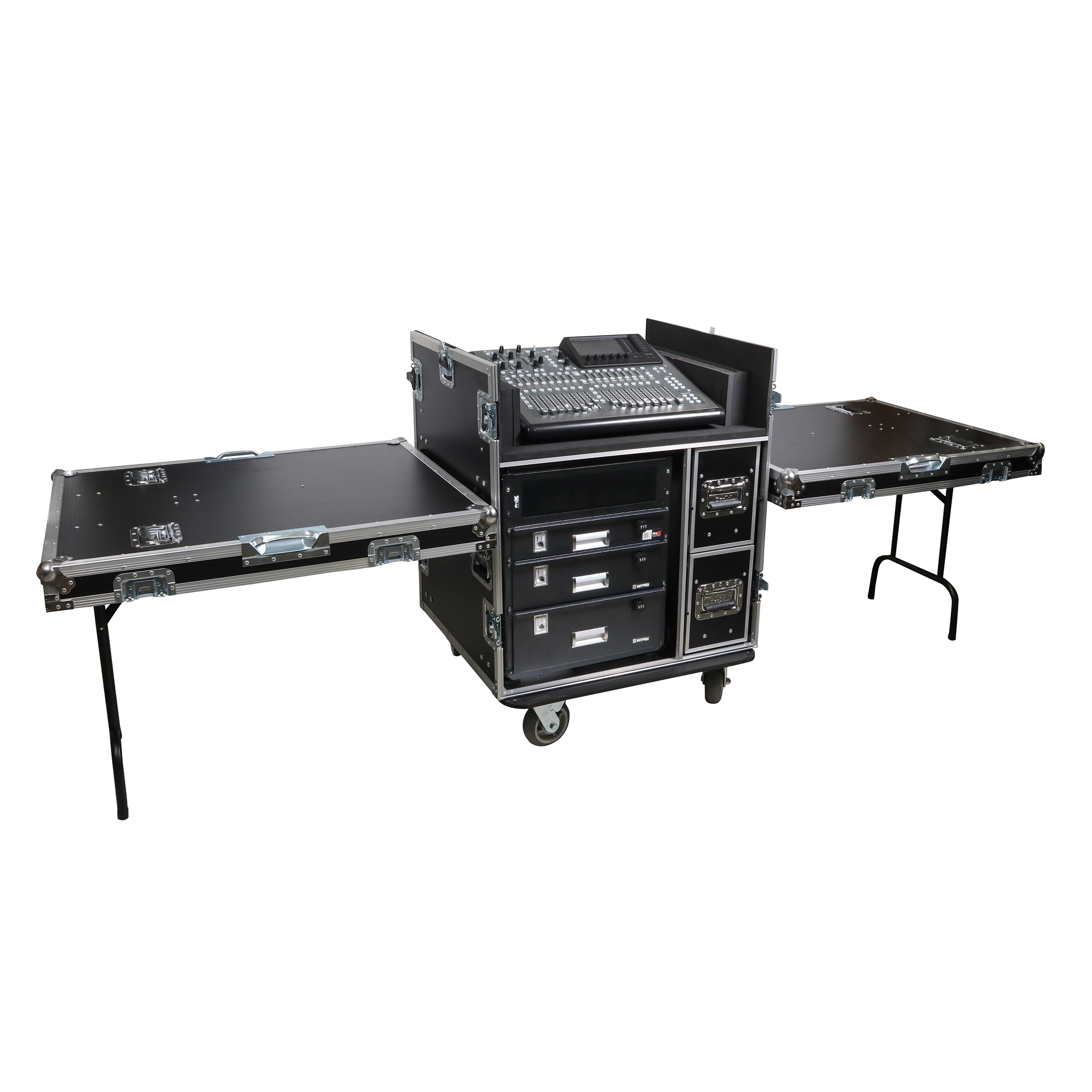 BRANCO ATA Flight Style FOH Mixing Console Case 12U Shockproof Rack 2 Drawer 2 Side Tables & 4 Locking Casters