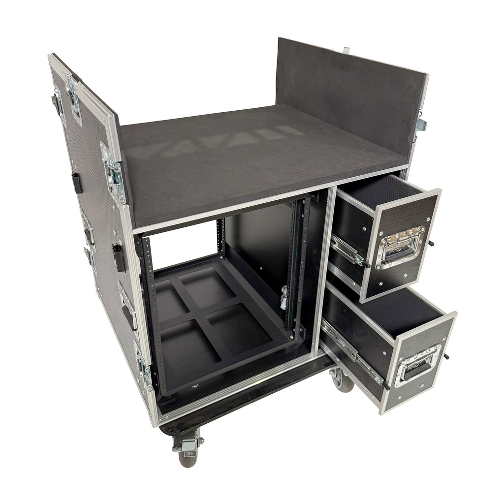 BRANCO ATA Flight Style FOH Mixing Console Case 12U Shockproof Rack 2 Drawer 2 Side Tables & 4 Locking Casters