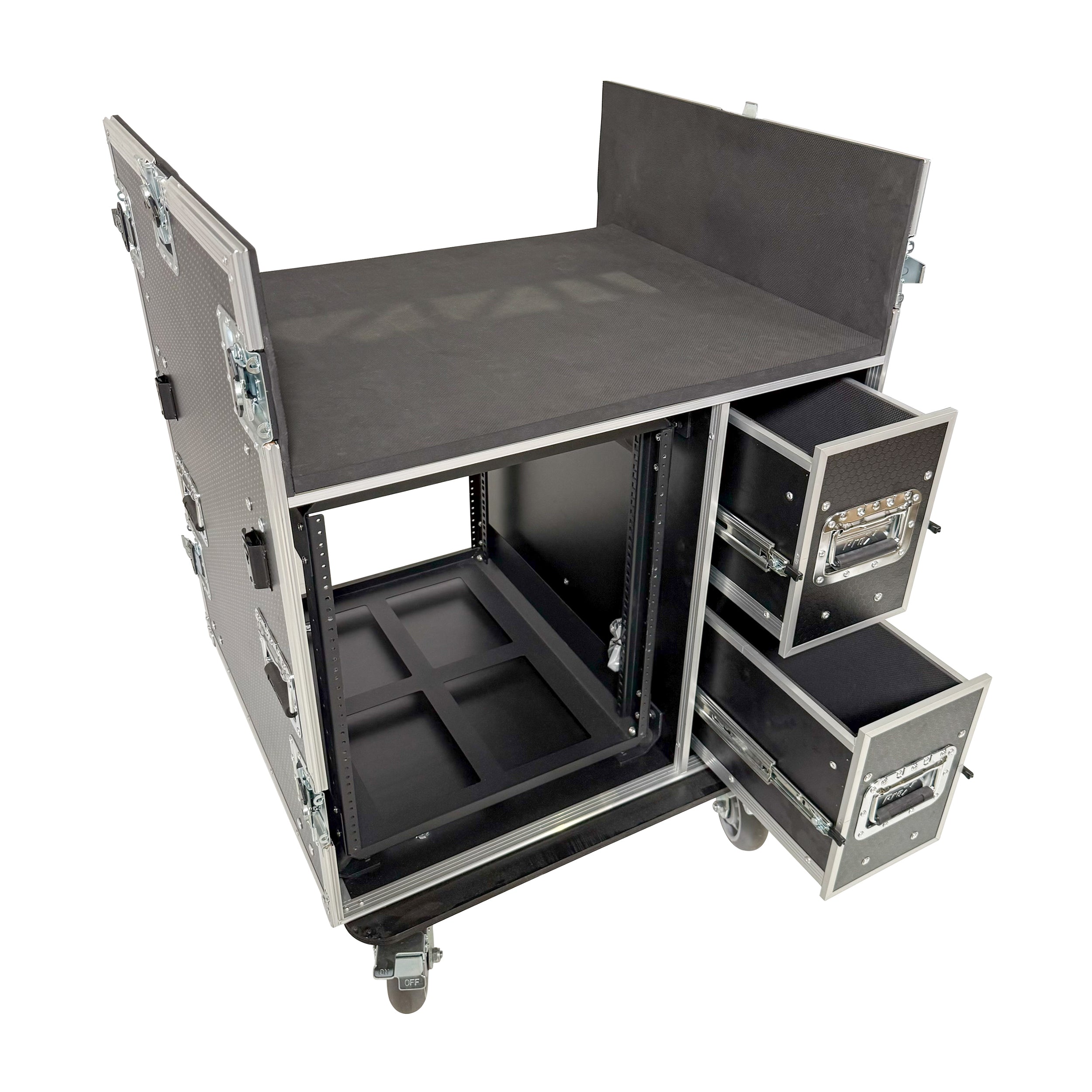 BRANCO ATA Flight Style FOH Mixing Console Case 12U Shockproof Rack 2 Drawer 2 Side Tables & 4 Locking Casters