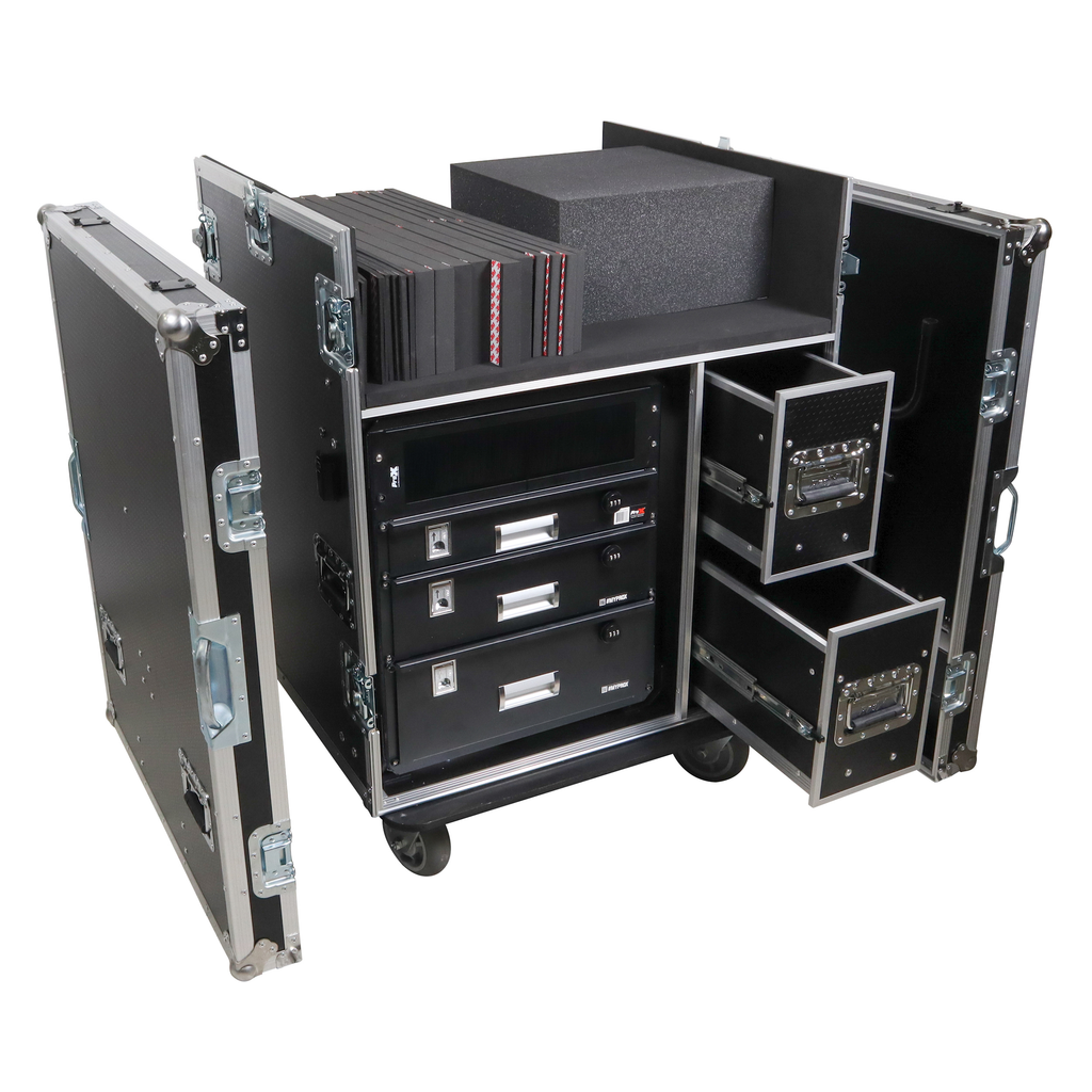 BRANCO ATA Flight Style FOH Mixing Console Case 12U Shockproof Rack 2 Drawer 2 Side Tables & 4 Locking Casters