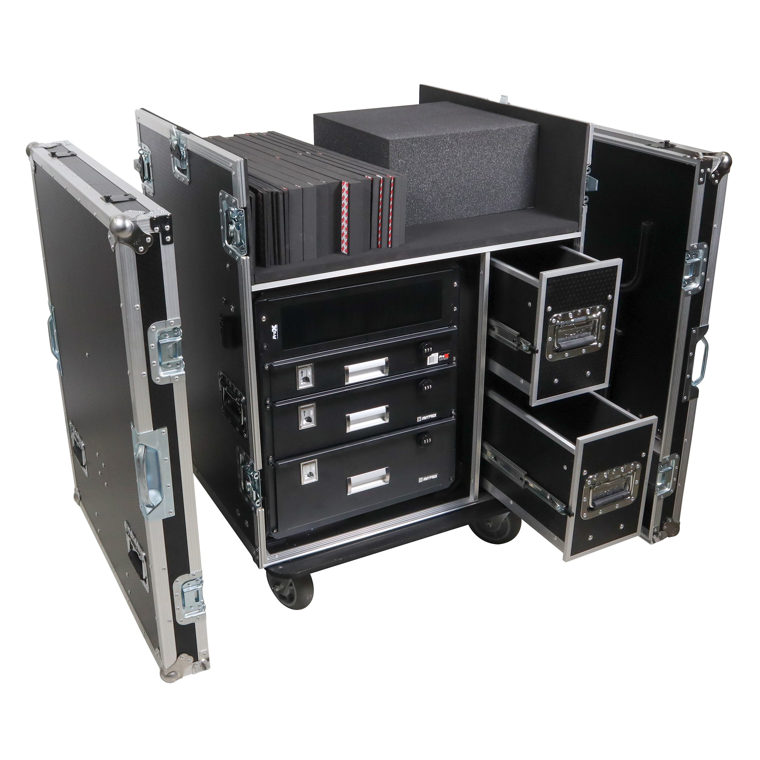 BRANCO ATA Flight Style FOH Mixing Console Case 12U Shockproof Rack 2 Drawer 2 Side Tables & 4 Locking Casters