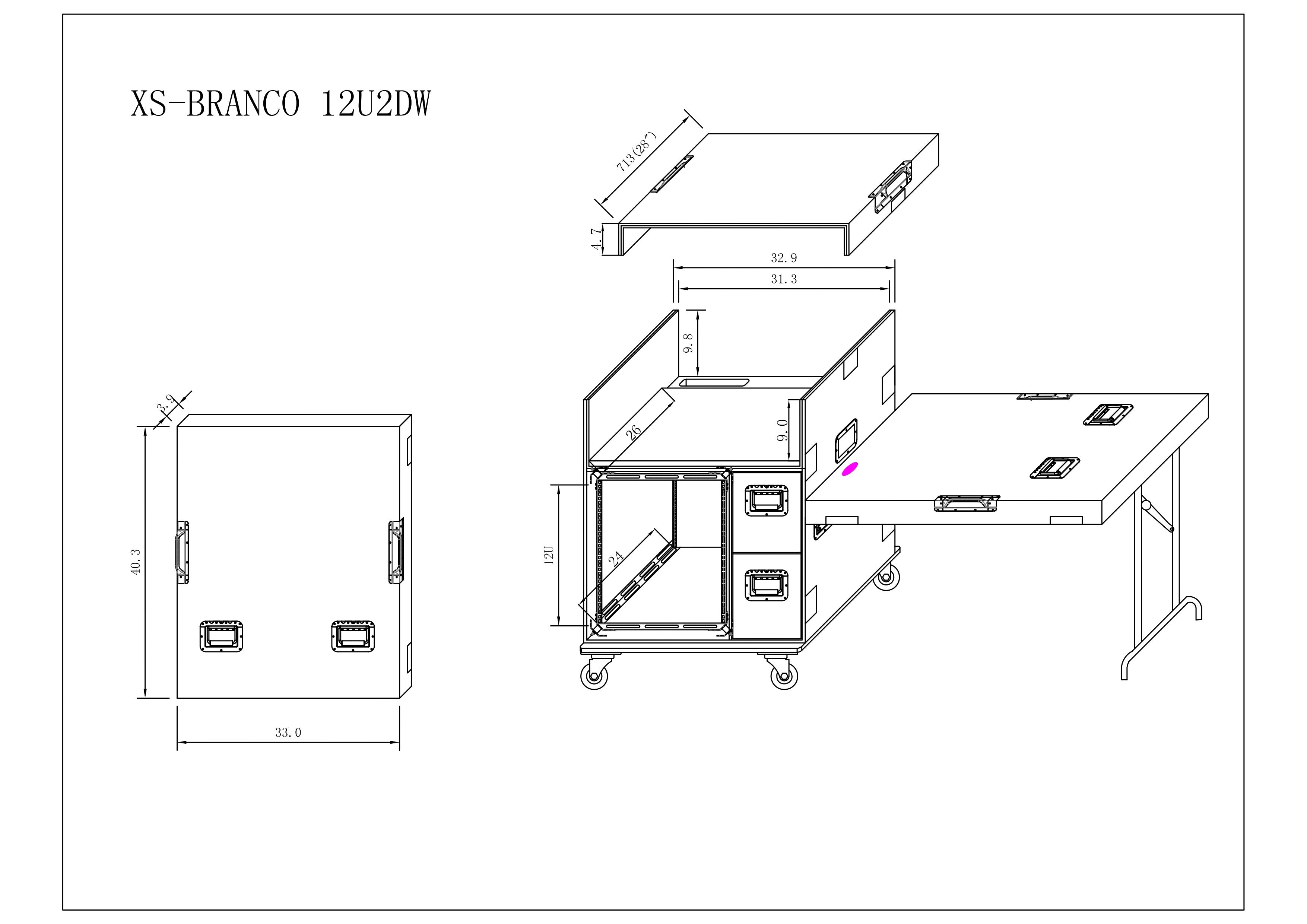 BRANCO ATA Flight Style FOH Mixing Console Case 12U Shockproof Rack 2 Drawer 2 Side Tables & 4 Locking Casters