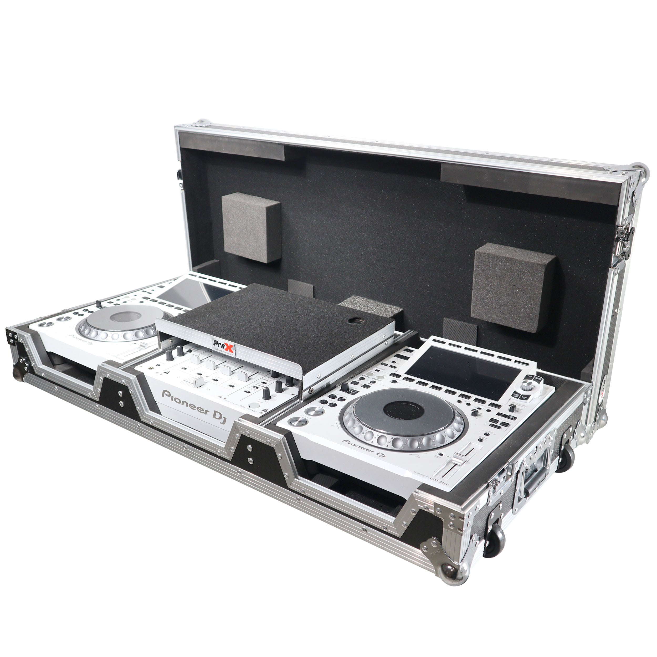 Flight Case DJ Coffin for Pioneer Mixer DJM-900NXS2  and 2 CDJ-3000 W-Wheels and Laptop Shelf