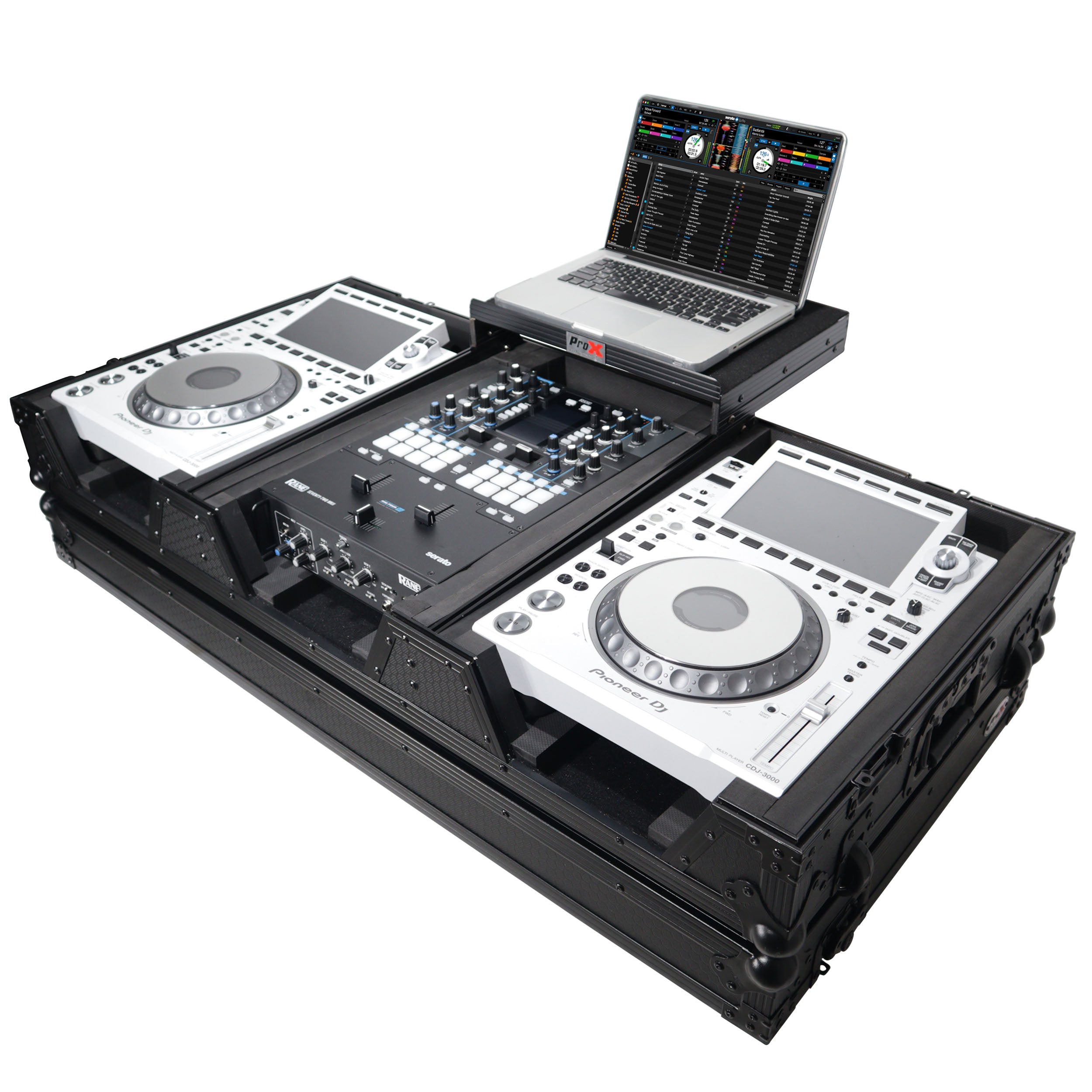 DJ Coffin Case for Pioneer  2X CDJ-3000 CD  and  DJM-900NXS2 Mixer W/Wheels & Laptop Shelf (Black on Black)