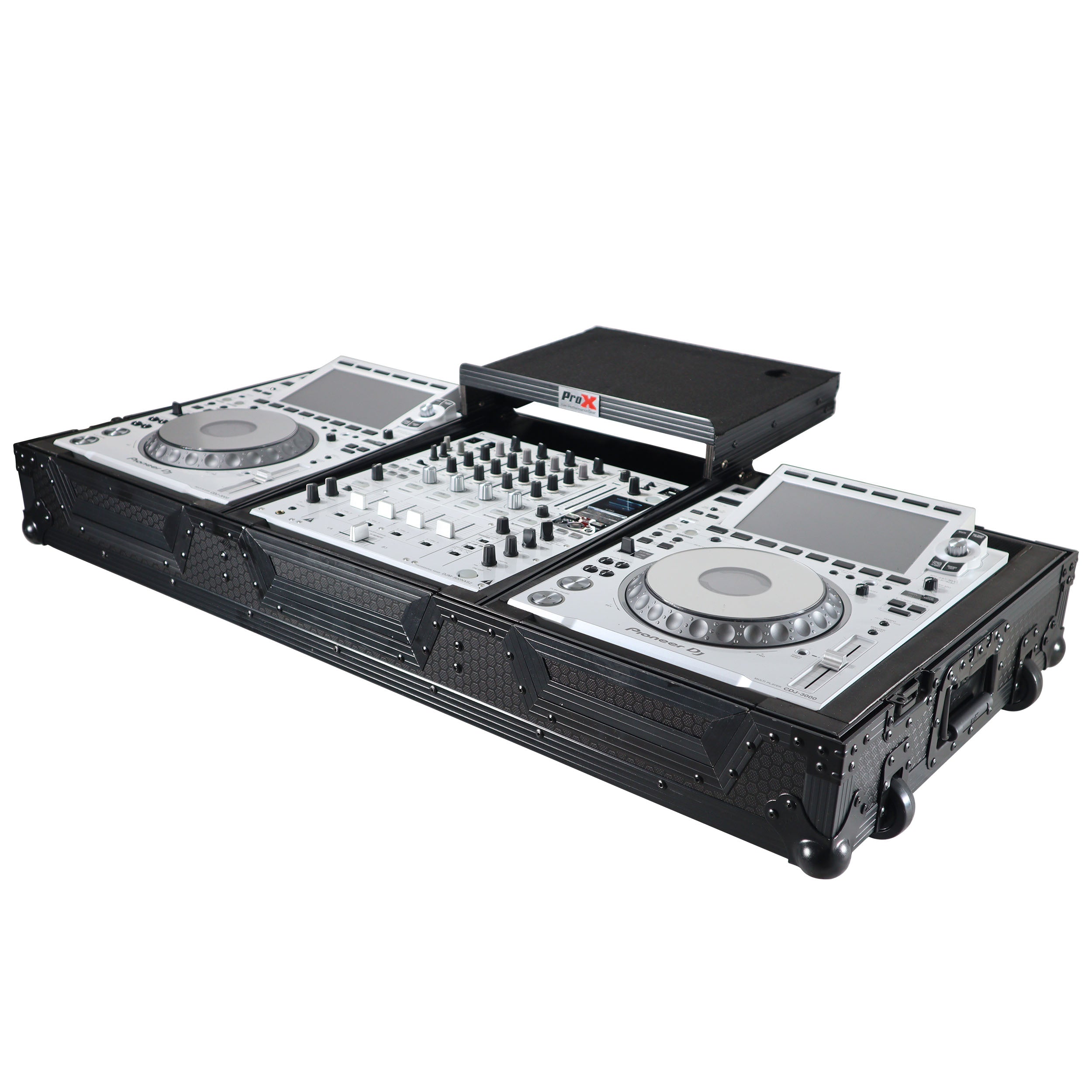 DJ Coffin Case for Pioneer  2X CDJ-3000 CD  and  DJM-900NXS2 Mixer W/Wheels & Laptop Shelf (Black on Black)