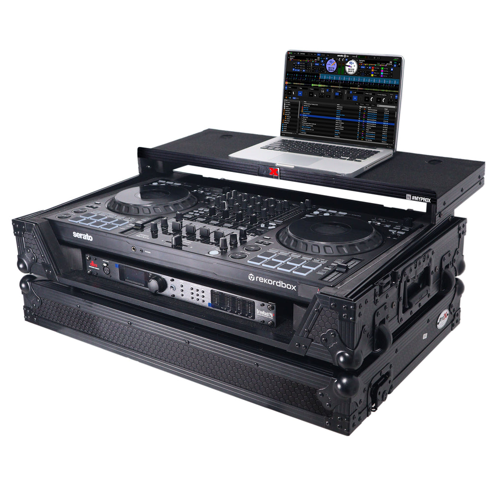 ATA Flight Style Road Case For Pioneer DDJ-FLX10 or DDJ-GRV6 with Laptop Shelf 1U Rack Space Wheels and LED Black Finish
