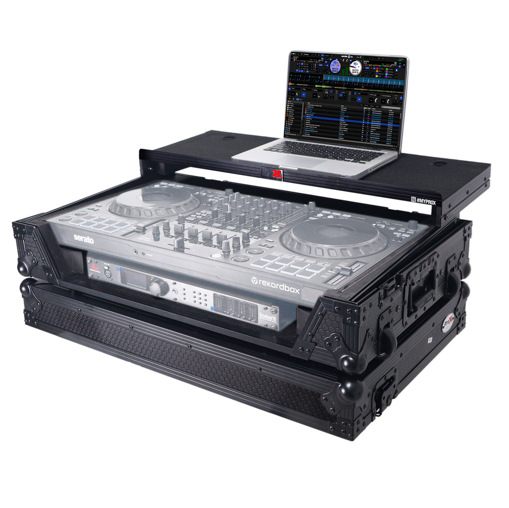 ATA Flight Style Road Case For Pioneer DDJ-FLX10 or DDJ-GRV6 with Laptop Shelf 1U Rack Space Wheels and LED Black Finish