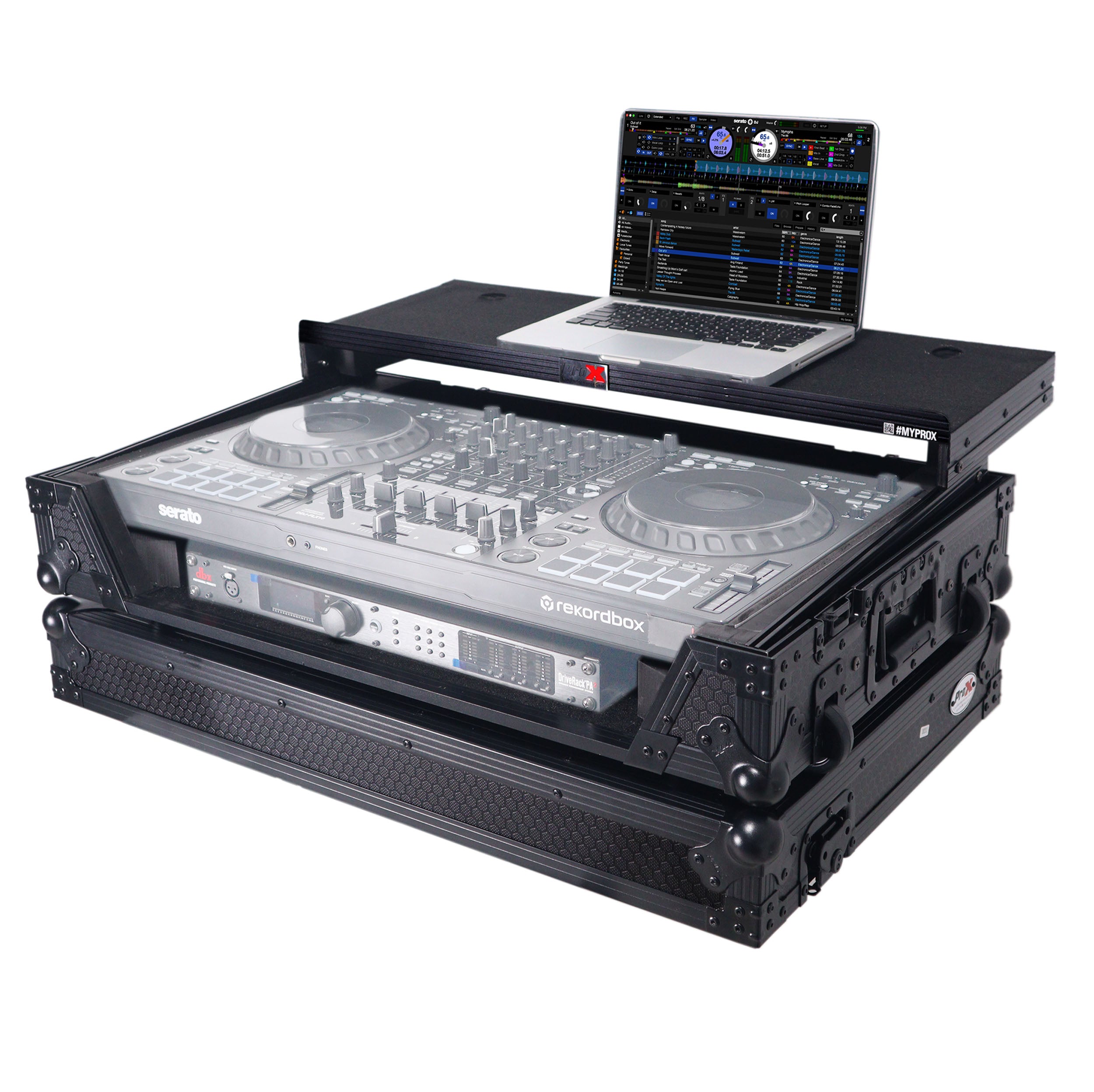 ATA Flight Style Road Case For Pioneer DDJ-FLX10 or DDJ-GRV6 with Laptop Shelf 1U Rack Space Wheels and LED Black Finish