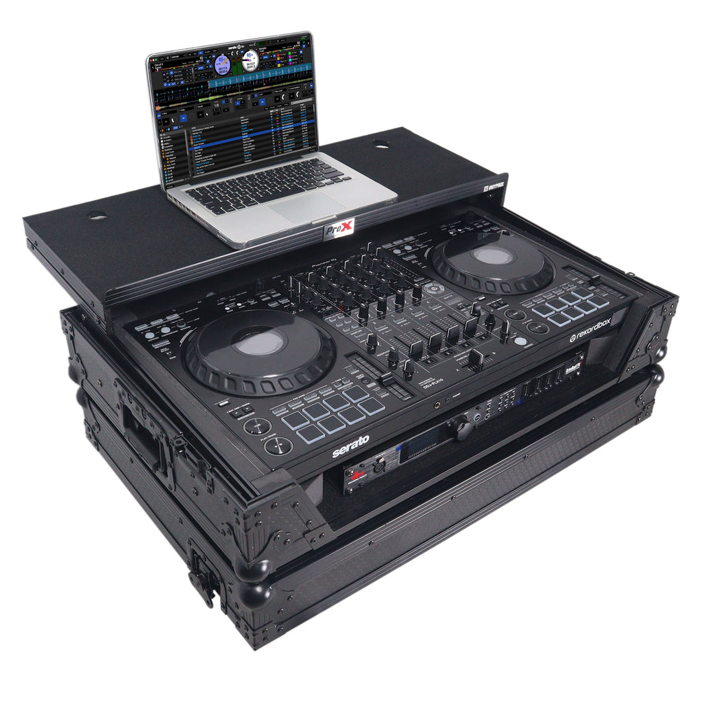ATA Flight Style Road Case For Pioneer DDJ-FLX10 or DDJ-GRV6 with Laptop Shelf 1U Rack Space Wheels and LED Black Finish