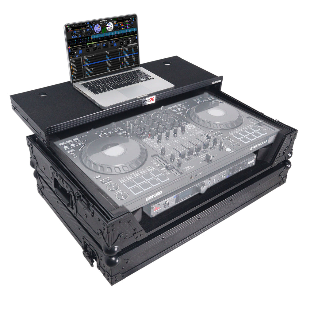 ATA Flight Style Road Case For Pioneer DDJ-FLX10 or DDJ-GRV6 with Laptop Shelf 1U Rack Space Wheels and LED Black Finish
