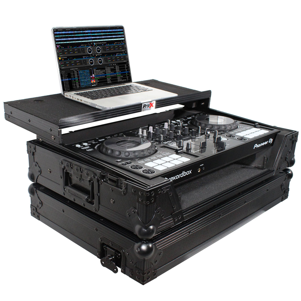 Flight Case For Pioneer DDJ-800 Digital Controller W-Sliding Laptop Shelf and Wheels &1U; Rackspace -Black on Black