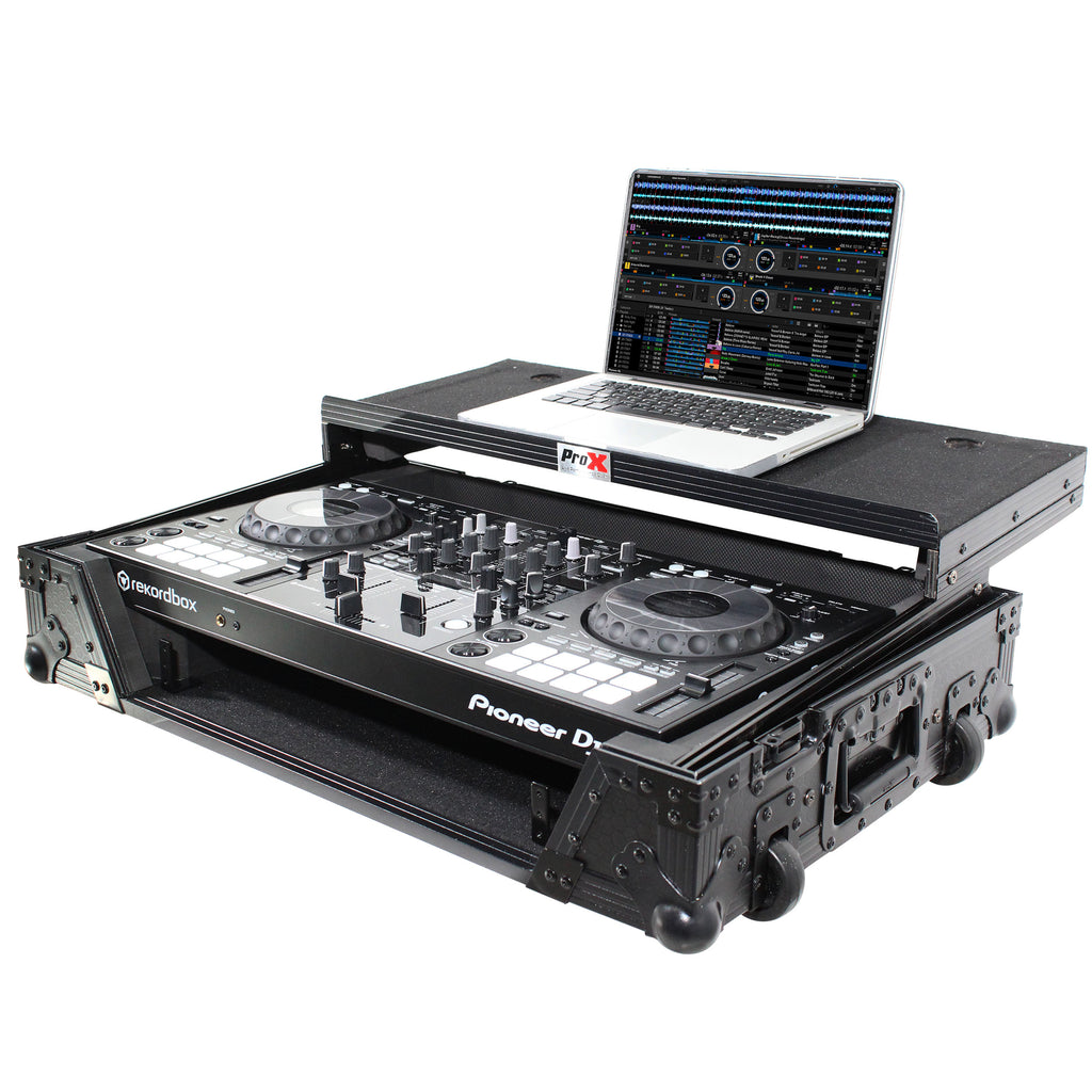 Flight Case For Pioneer DDJ-800 Digital Controller W-Sliding Laptop Shelf and Wheels &1U; Rackspace -Black on Black