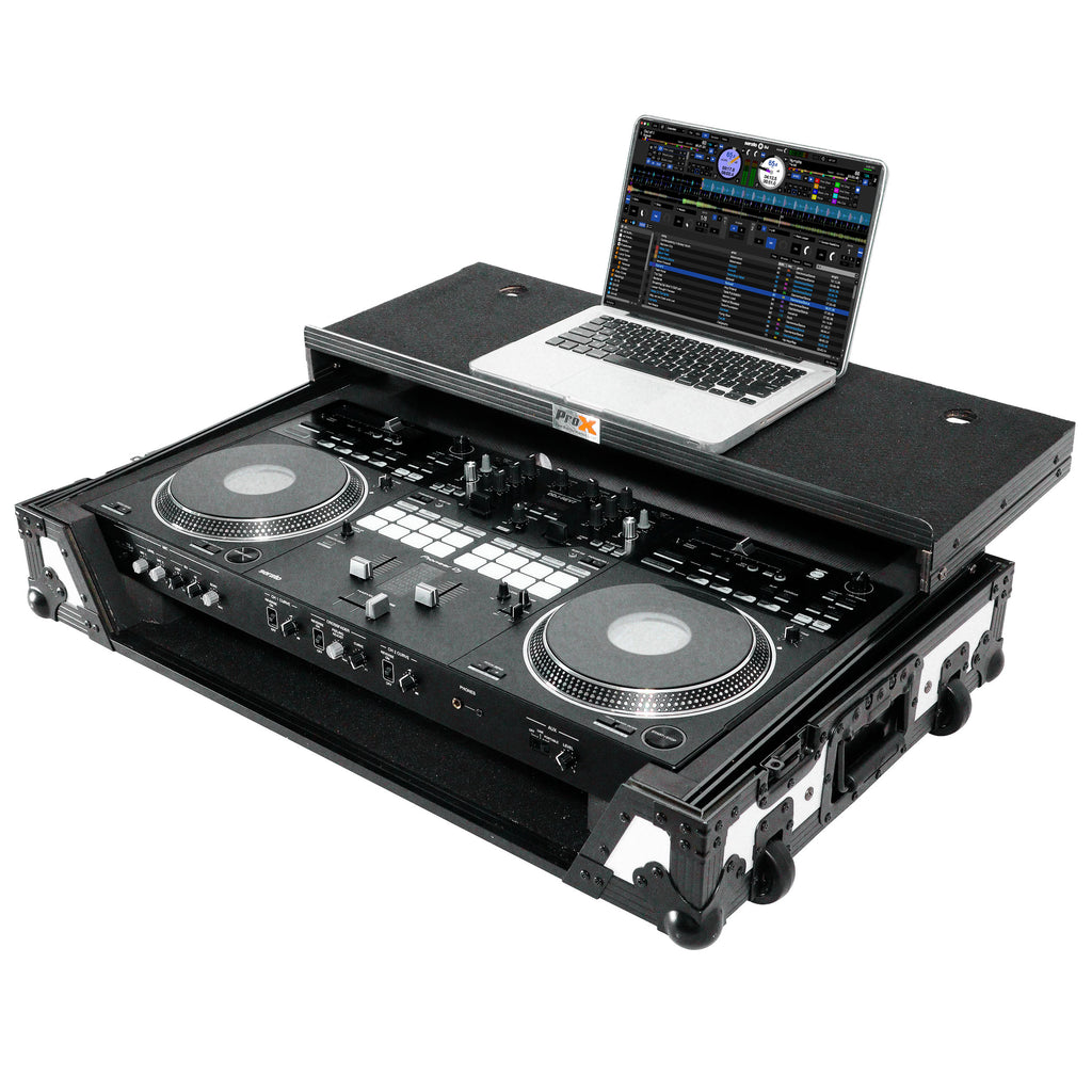 ATA Flight Case for Pioneer DDJ-REV7 DJ Controller with Laptop Shelf 1U Rack Space and Wheels - White Black