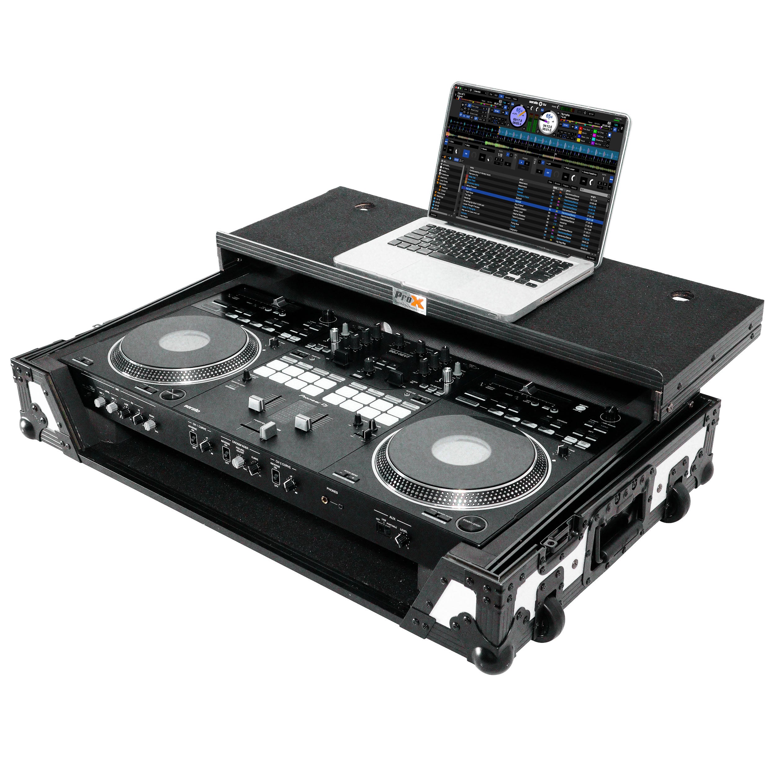 ATA Flight Case for Pioneer DDJ-REV7 DJ Controller with Laptop Shelf 1U Rack Space and Wheels - White Black
